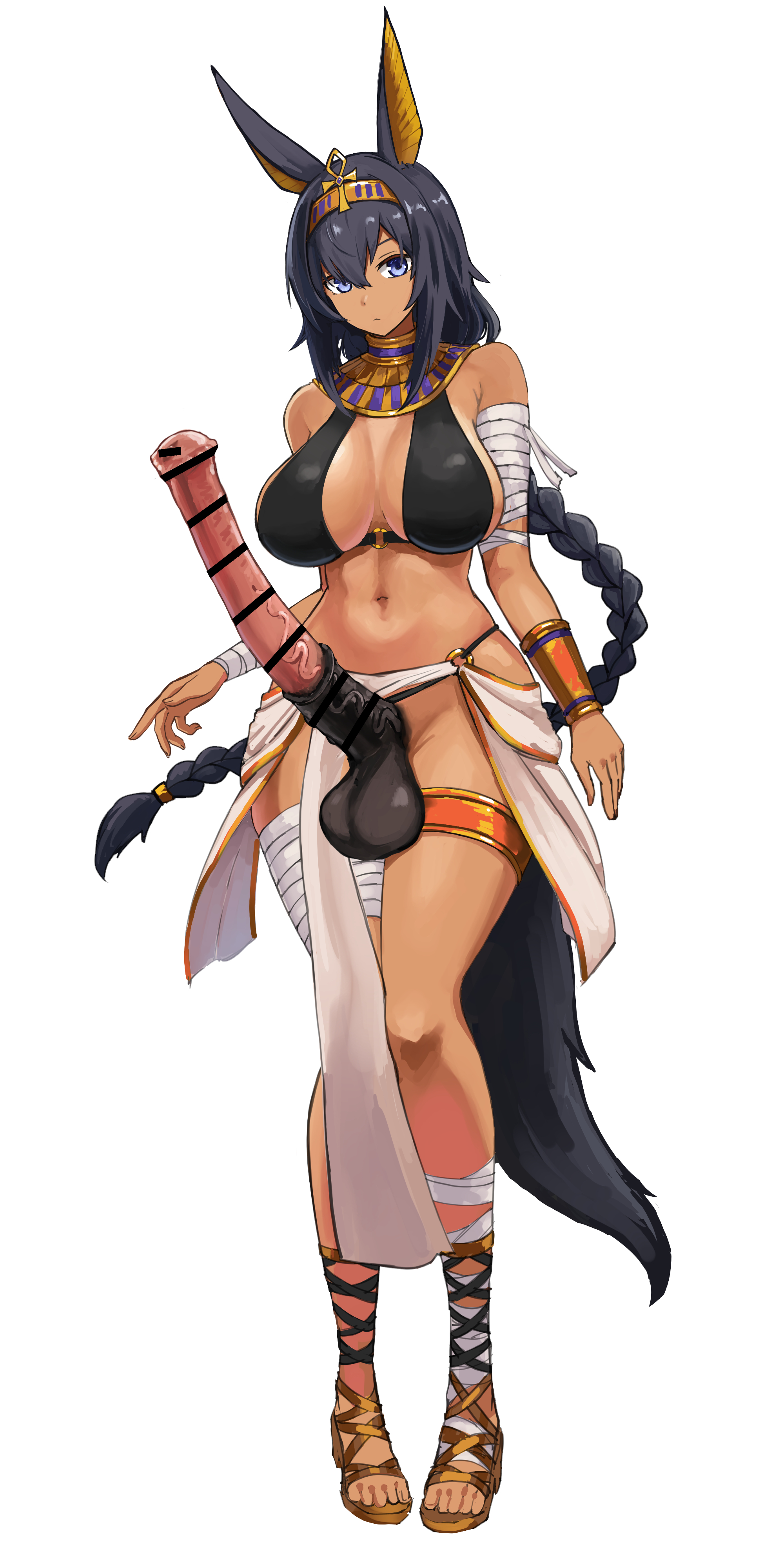 1futa, animal ears, animal genitalia, balls, bandages, breasts, censored, clothed, clothing, egyptian, female, futa only, futanari, horse ears, horse girl, horsecock, huge cock, humanoid, intersex, kemonomimi, large breasts, loincloth, loincloth aside, mostly nude, penis, sandals, solo, yokosuji coyote