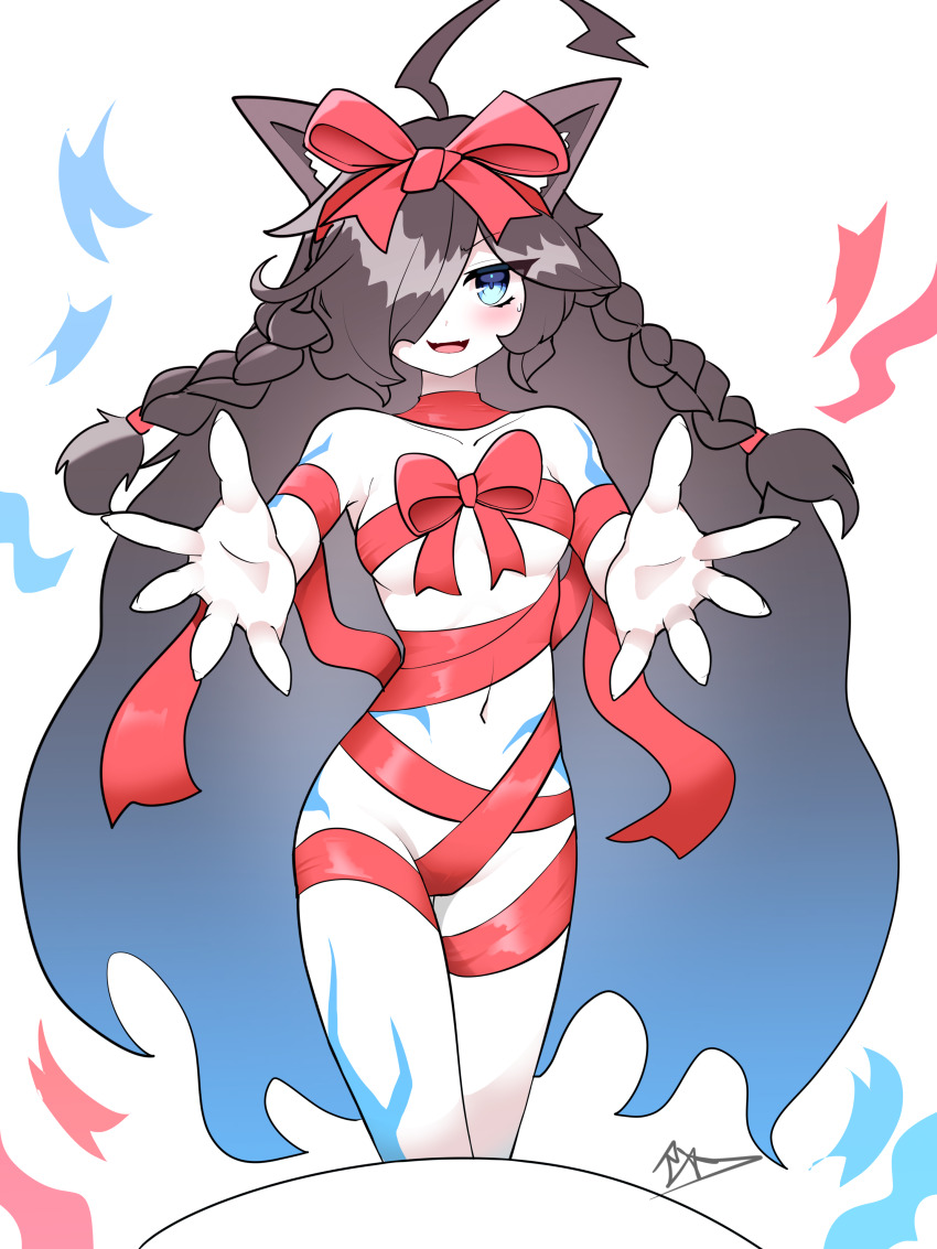 1girls, almost naked, big breasts, breasts, cute, female, gift, kasli the bane, looking at viewer, red bowtie, the battle cats, walking towards viewer