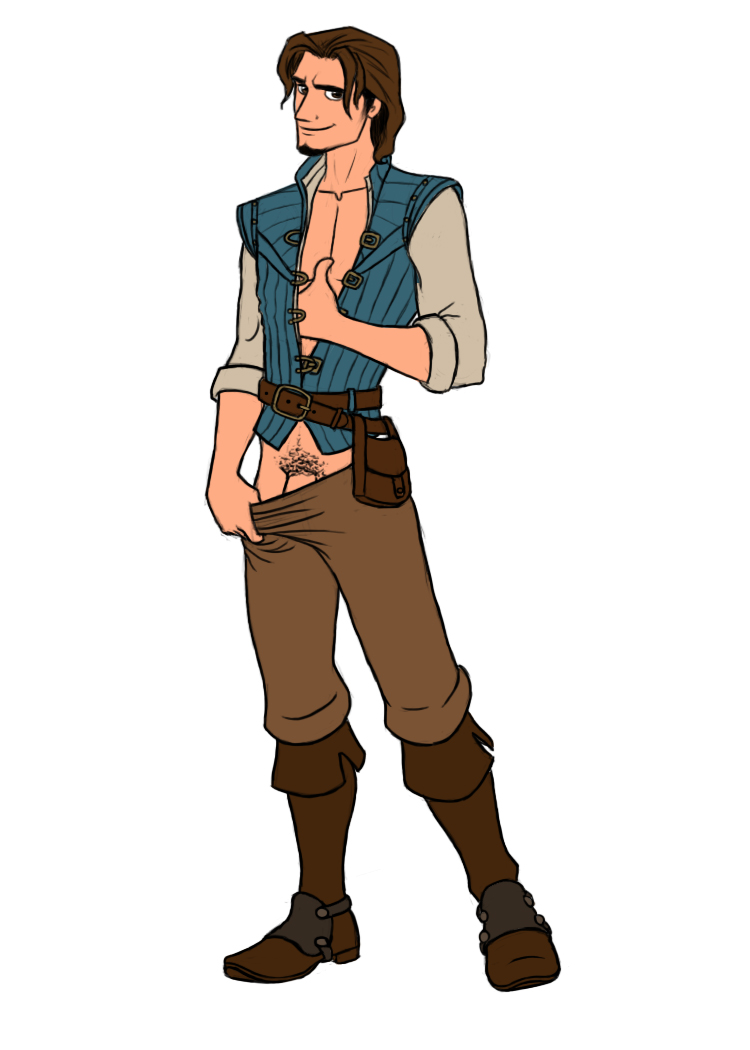 1boy brown_hair clothing disney eugene_fitzherbert exposed_chest exposed_penis flynn_rider full_body fully_clothed hand_in_shirt human male male_only open_shirt pants_pulled_down penis penis_root pubic_hair solo tangled white_background