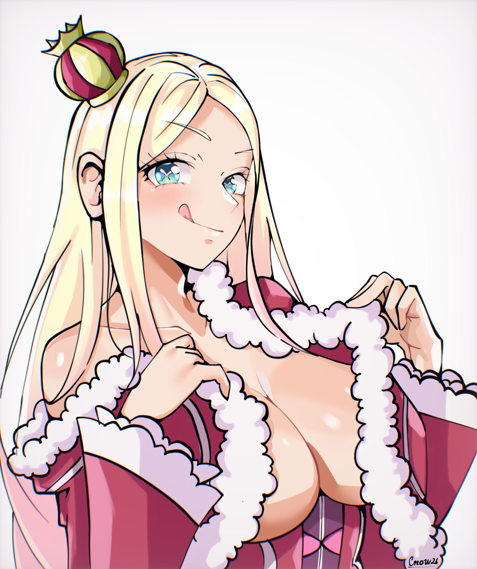 aged up, alternate breast size, beatrice (re:zero), blonde hair, blue eyes, breasts, cleavage, come hither, commission, crow26, female, large breasts, licking lips, long hair, looking at viewer, mini crown, re:zero kara hajimeru isekai seikatsu, red dress, sidelocks, symbol-shaped pupils, teasing, undressing