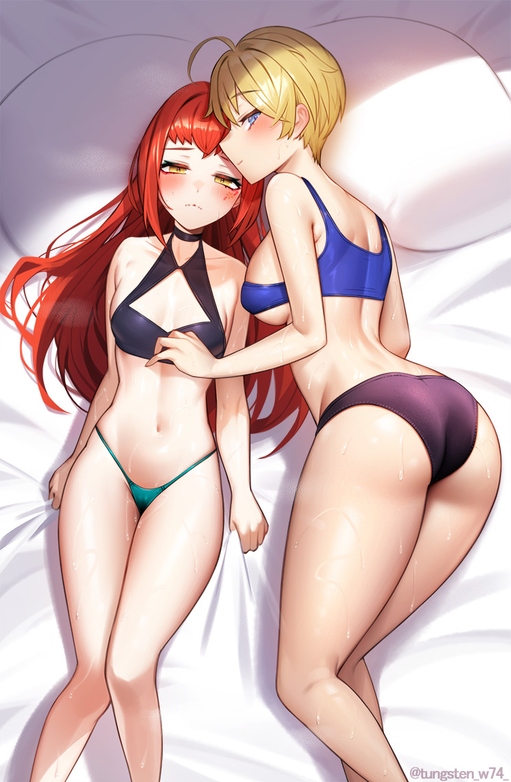 2girls ahoge ass bare_legs bed_sheet big_ass black_panties blonde_hair blue_bra blue_eyes blush bra commentary_request feet_out_of_frame female female_only fire_emblem fire_emblem_engage green_panties light-skinned_female light_skin looking_at_viewer lying merrin_(fire_emblem) multiple_girls navel nintendo on_back orange_hair panette_(fire_emblem) panties partial_commentary pillow short_hair smile stomach sweat thighs tungsten_(kwfr4544) underwear underwear_only yellow_eyes yuri