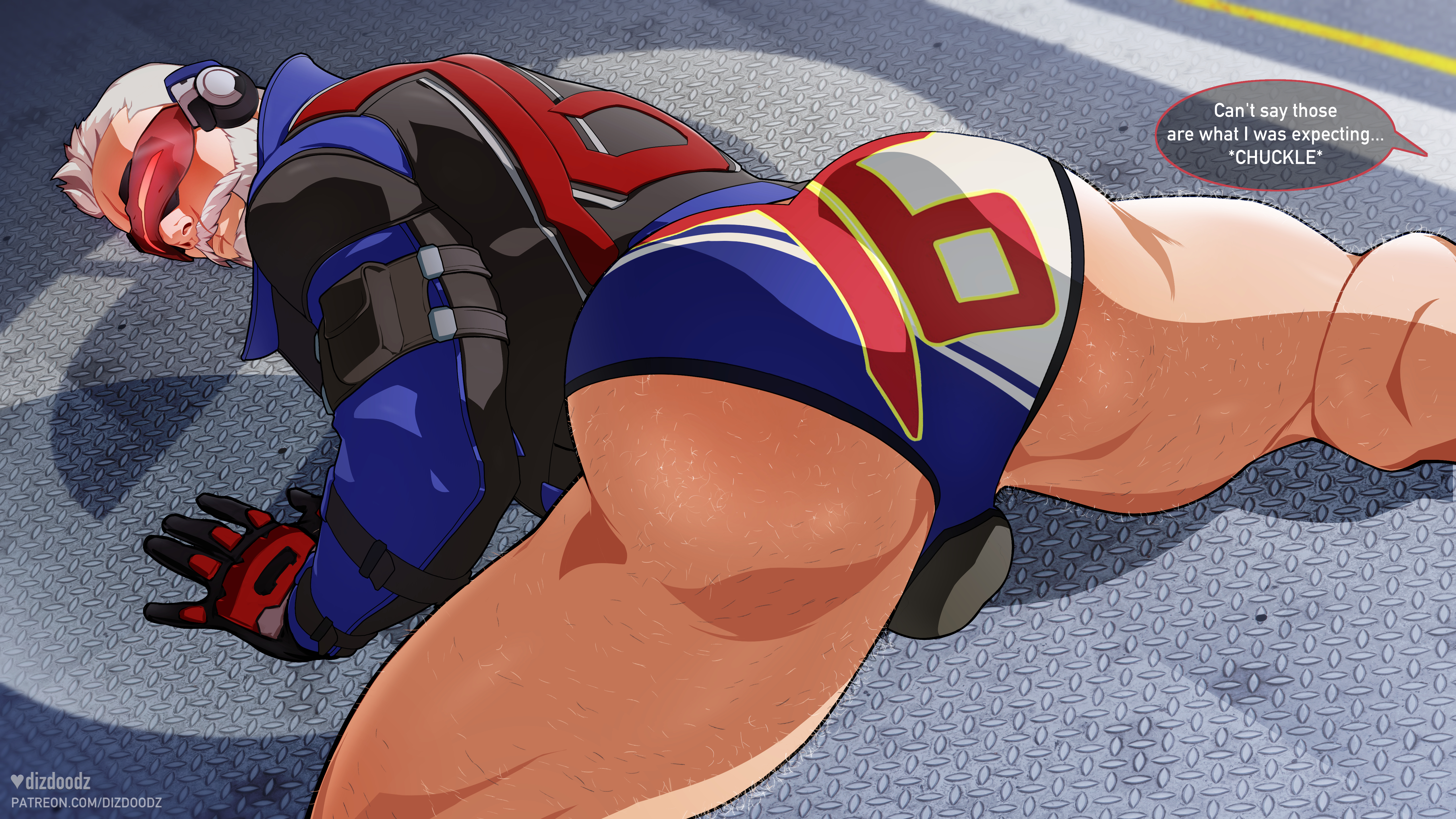 1boy, ass, back, back view, bara, beard, bent over, biceps, big ass, big butt, blue briefs, blue underwear, body hair, briefs, bulge, daddy, dialogue, dilf, dizdoodz, english dialogue, english text, facial hair, gay, gloves, hairy, hairy legs, hairy male, hairy thighs, human, human only, light skin, light-skinned male, looking back, looking over shoulder, male, male focus, male only, muscles, muscular, muscular arms, muscular ass, muscular male, muscular thighs, nipples, on all fours, overwatch, pubic hair, soldier 76, solo focus, text, thick thighs, underwear, veins, white hair