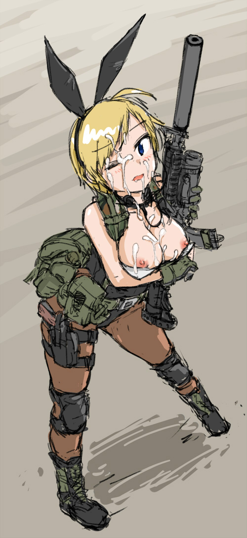 bent_over blonde_hair breasts bunny_ears bunny_girl bunnysuit cum cum_on_breasts cum_on_face cumshot dutchko exposed_breasts female firearm gloves gun holster human military original_character pale_skin rifle suppressor weapon