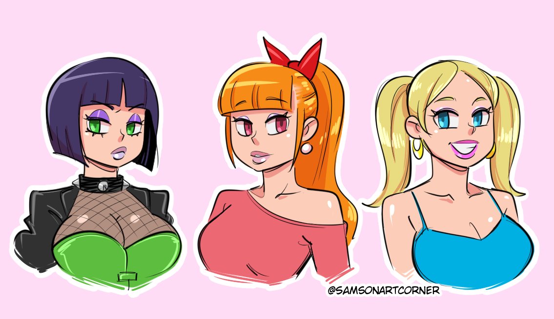 3girls, aged up, black hair, blonde hair, blossom (powerpuff girls), blue eyes, bubbles (powerpuff girls), buttercup (powerpuff girls), cartoon network, clothed, clothed female, female, green eyes, light skin, light-skinned female, multiple females, multiple girls, orange hair, pink eyes, powerpuff girls, samson 00, short hair, sisters, toonami