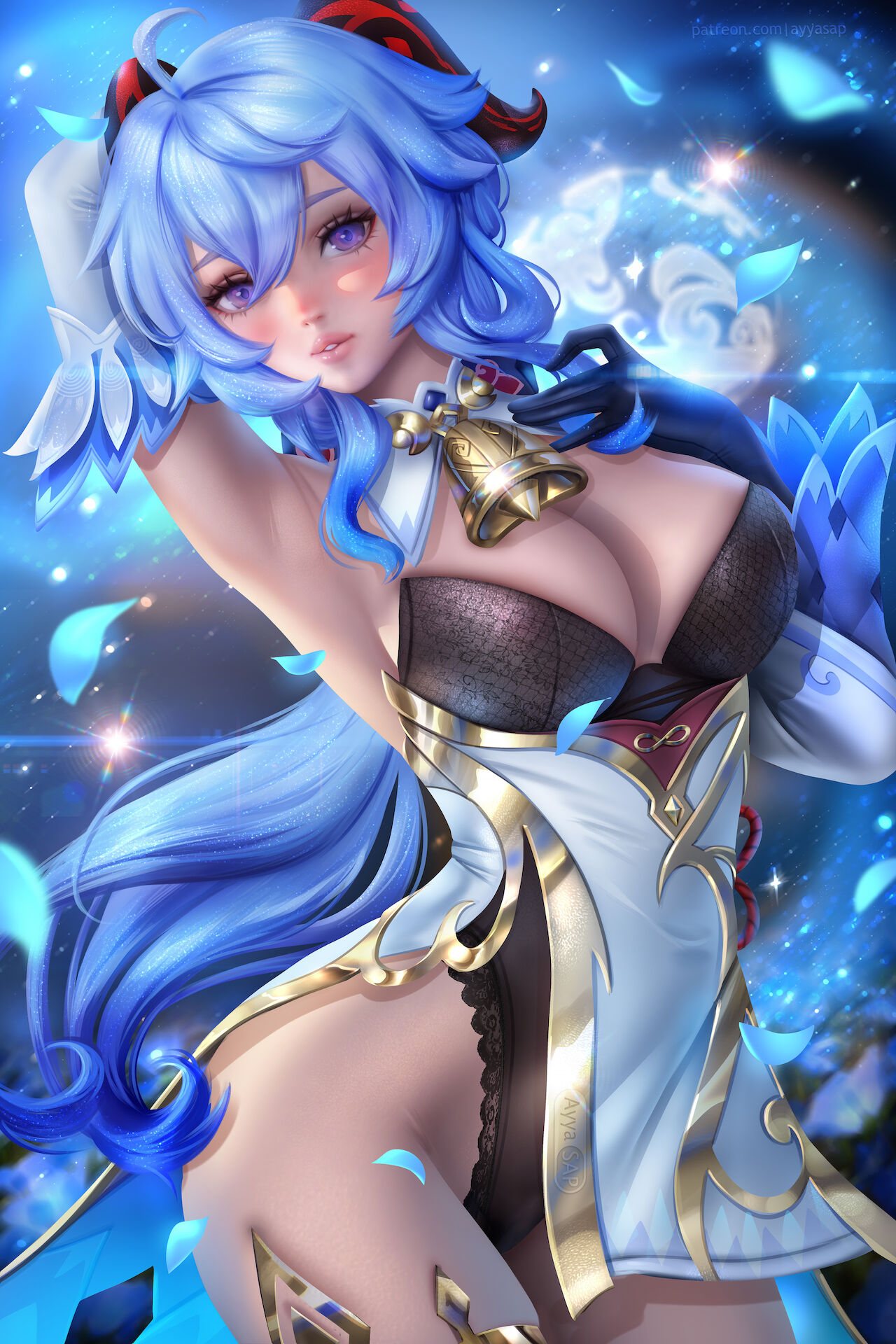 1girls, ayyasap, bare shoulders, big breasts, black leotard, blue hair, bodystocking, bodysuit, breasts, covered erect nipples, covered navel, cropped, female, ganyu (genshin impact), genshin impact, solo