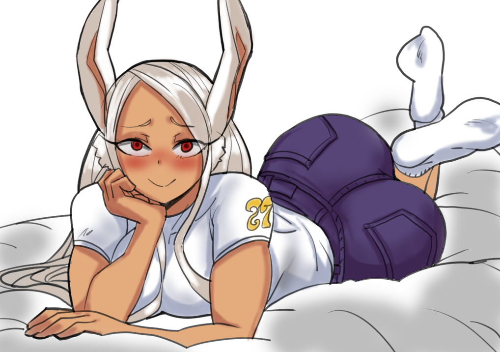 1girls animal_ears ankle_socks anklehighs ass bangs bed_sheet blush breasts bubble_ass bubble_butt closed_mouth dark-skinned_female dark_skin denim eyelashes female female_only fully_clothed huge_ass jeans large_breasts long_eyelashes long_hair looking_at_viewer lying miruko my_hero_academia on_stomach pants parted_bangs rabbit_ears red_eyes rumi_usagiyama shirt short_sleeves simple_background smile socks soles solo thelorope white_background white_hair white_shirt white_socks