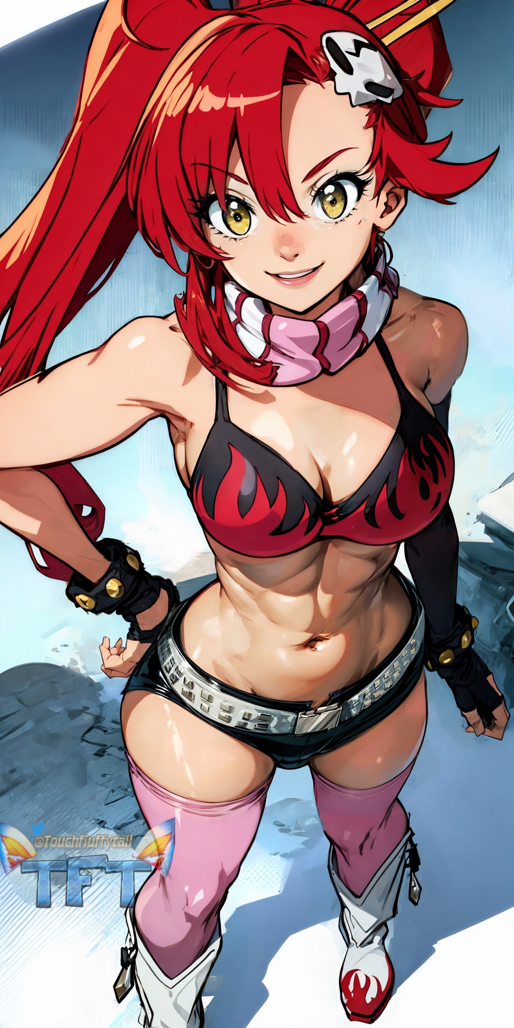 1girls ai_generated belt boots bra hair_ornament long_hair medium_breasts pink_socks ponytail red_hair short_shorts shorts socks socks_and_boots solo tengen_toppa_gurren_lagann thigh_socks thighhighs touchfluffytails yellow_eyes yoko_littner