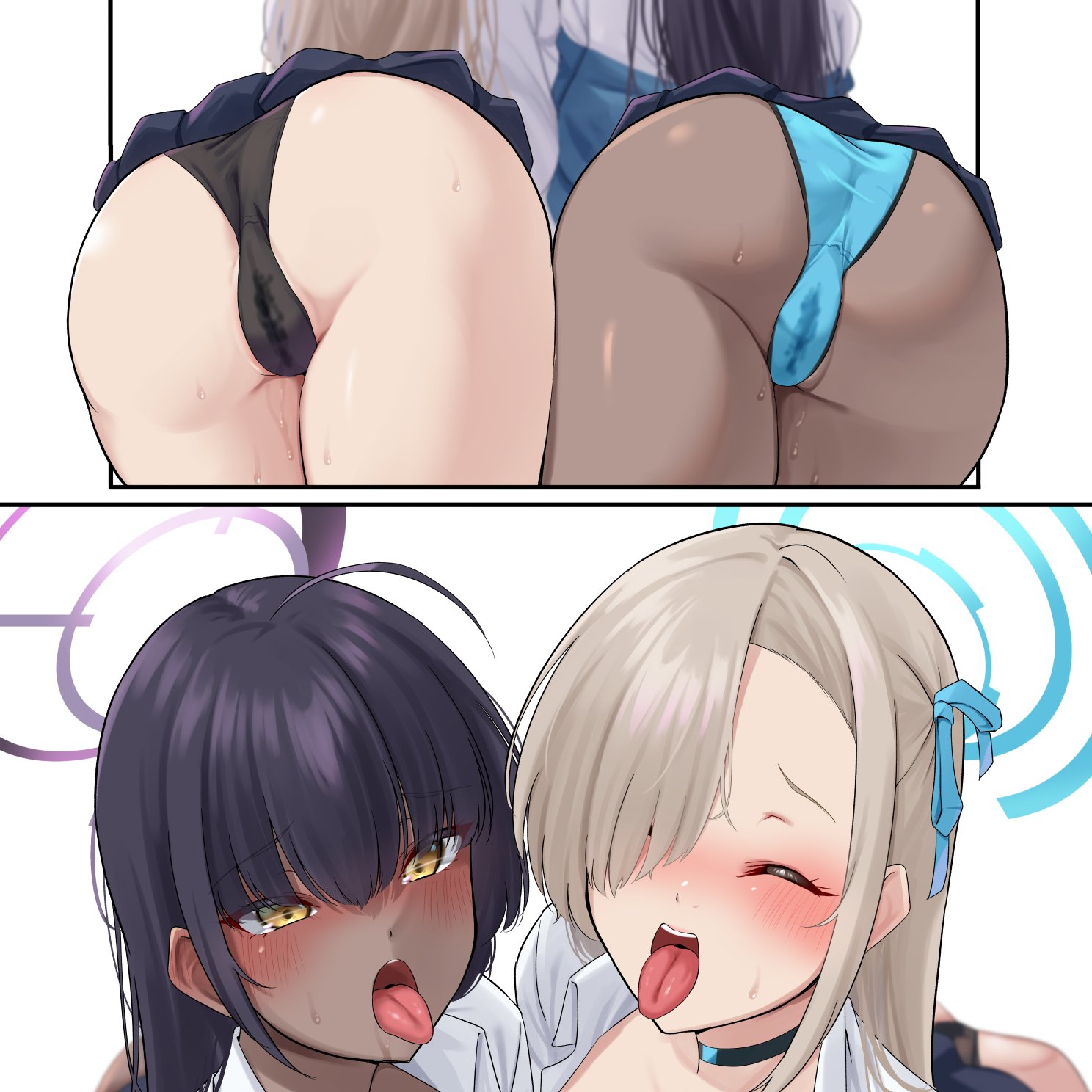 2girls, ass, asuna (blue archive), asuna (school uniform) (blue archive), big ass, black panties, blue archive, blue panties, cameltoe, choker, closed eyes, dark skin, dark-skinned female, eyebrows visible through hair, female, hair between eyes, hair over one eye, karin (blue archive), karin (school uniform) (blue archive), looking at viewer, low-angle view, millennium science school student, multiple females, multiple girls, nanohana (november.), open mouth, panties, pussy, pussy juice, pussy juice drip, school uniform, skirt, stained panties, sweat, sweatdrop, thick thighs, thighs, tongue, tongue out, wet, wet panties, wet pussy, yellow eyes