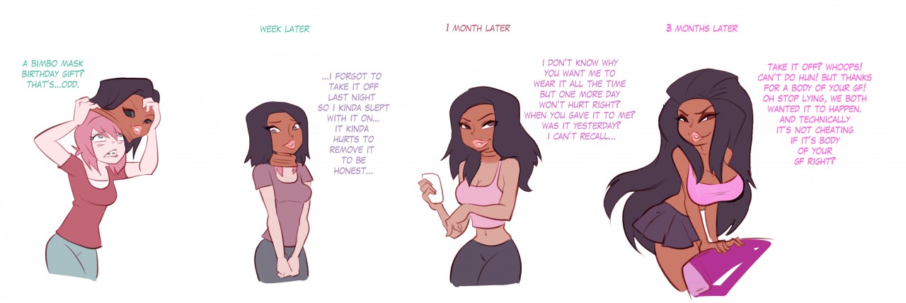 before and after, bimbofication, english text, hugothetroll, mask, original character, possession, text, transformation