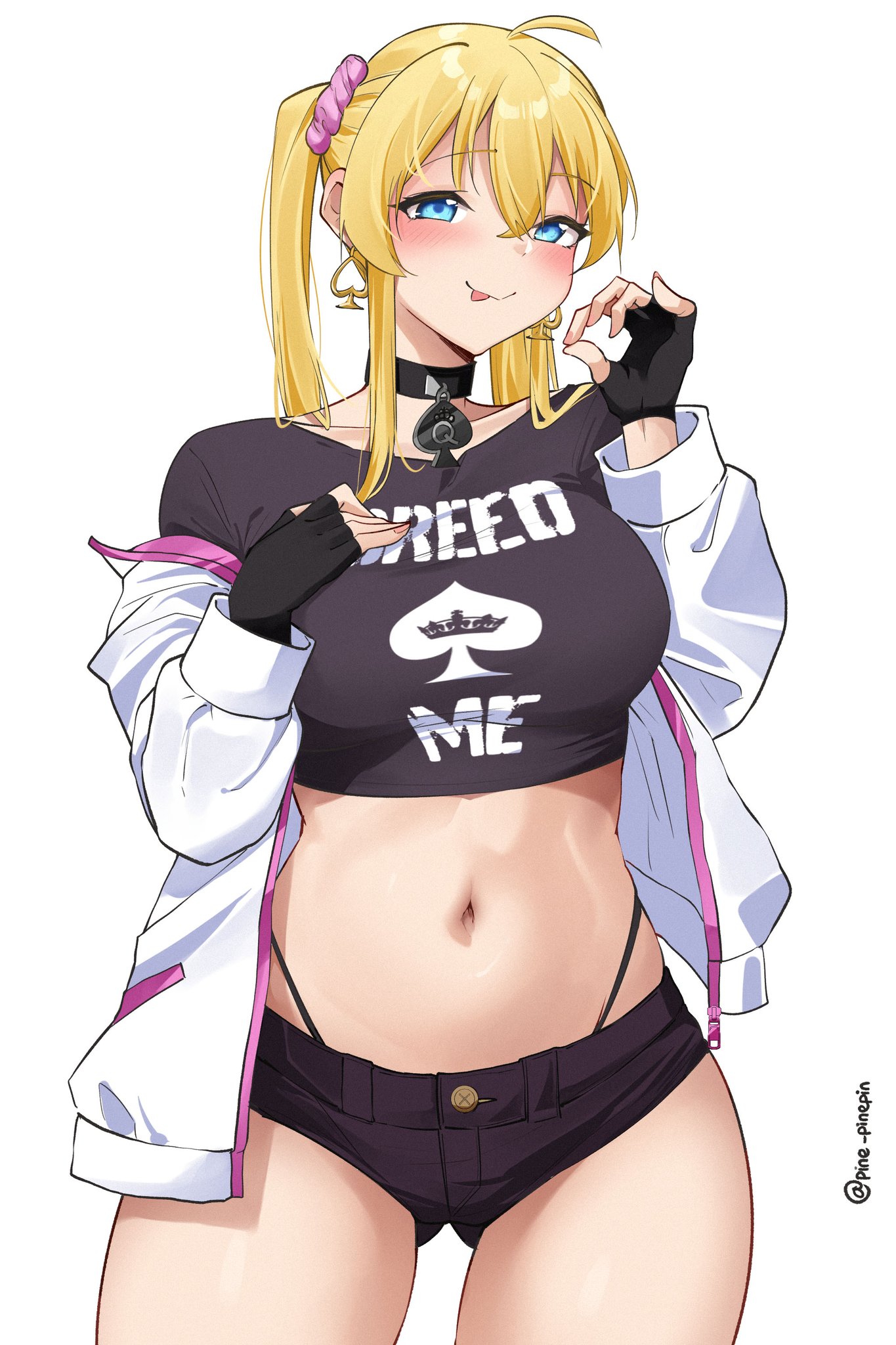 1girls, belly button, blonde hair, blue eyes, blush, breasts, choker, earrings, female, female only, fingerless gloves, highleg, highleg panties, hotpants, human, jacket, jacket partially removed, large breasts, licking lips, light skin, light-skinned female, navel, off shoulder, original, original character, pine pinepin (pinnn), queen of spades, short shorts, shorts, simple background, solo, suggestive gesture, tongue, twintails