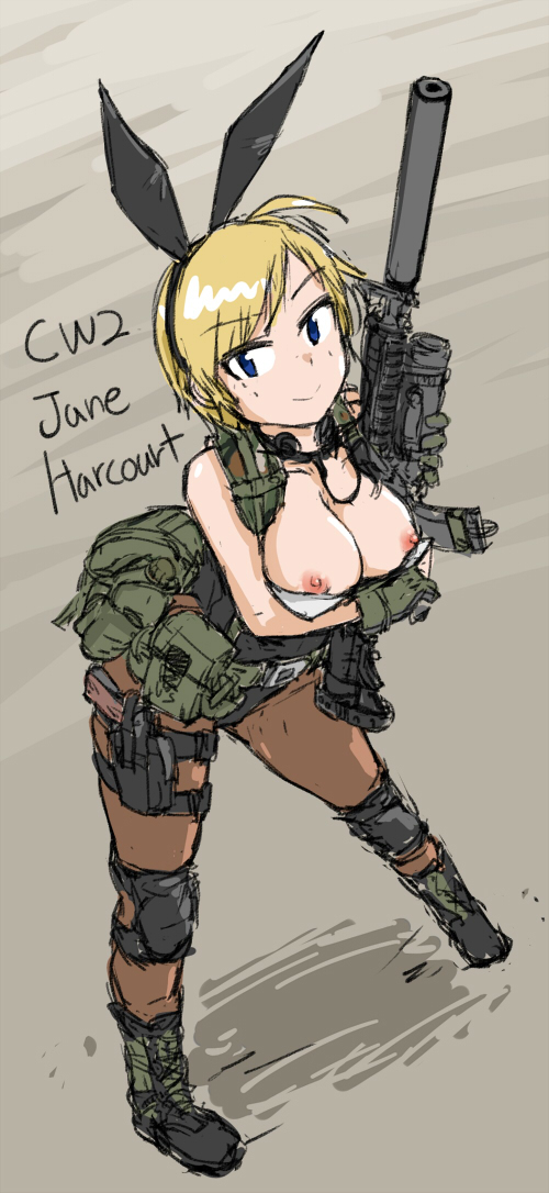 1girls bent_over blonde_hair breasts bunny_ears bunny_girl bunnysuit dutchko exposed_breasts female female_only firearm gloves gun handgun holster human military original_character pale_skin rifle solo suppressor weapon