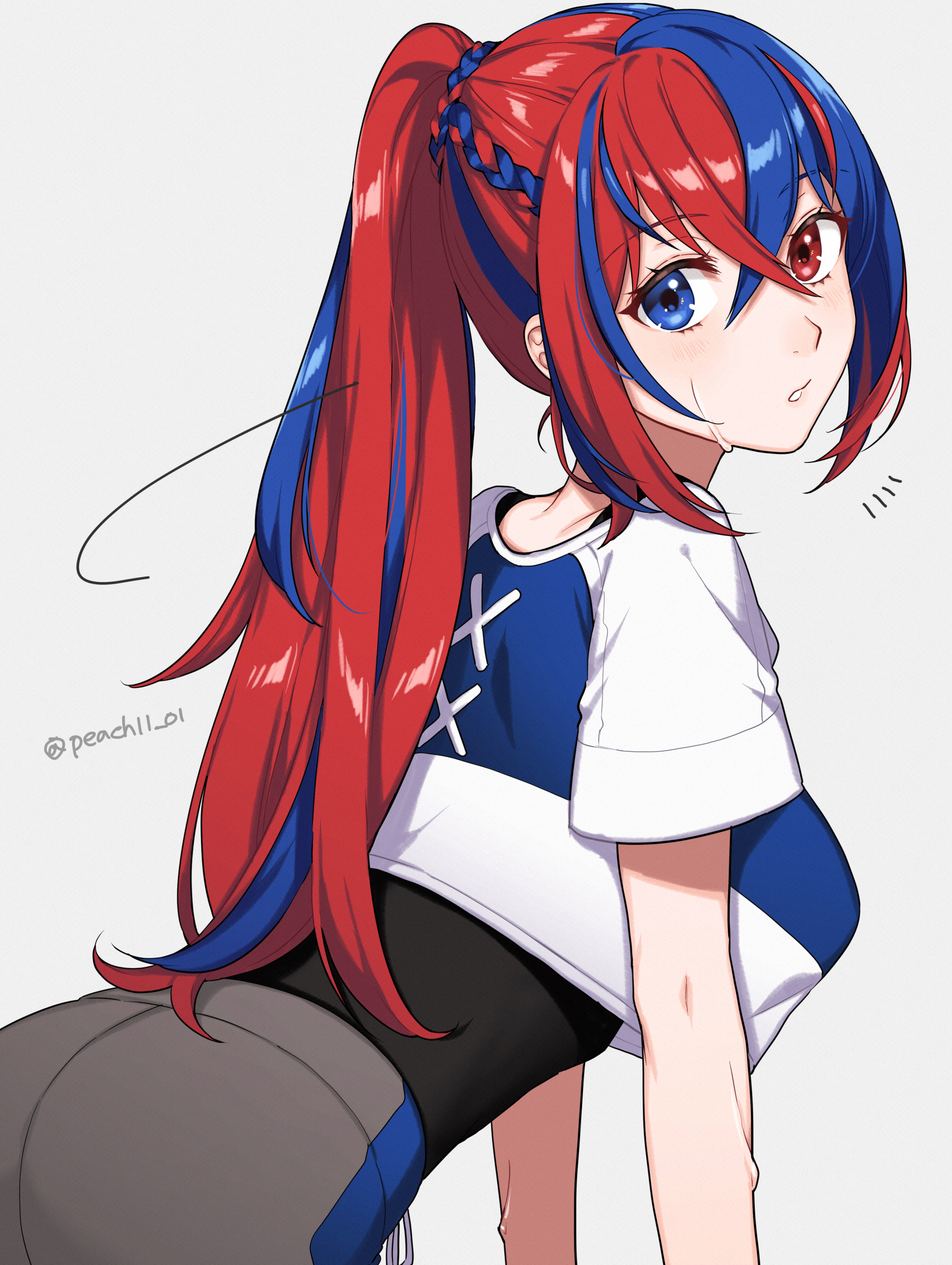 1girls, alear (fire emblem), alear (fire emblem) (female), alternate costume, alternate hairstyle, artist name, ass, bangs, black undershirt, blue eyes, blue hair, blue shirt, blush, braid, braided hair, breasts, commentary request, crop top, crop top overhang, cropped shirt, crossed bangs, female, female only, fire emblem, fire emblem engage, french braid, from side, grey pants, hair between eyes, heterochromia, hi res, highres, leaning forward, light skin, light-skinned female, long bangs, long hair, looking at viewer, looking to the side, multicolored hair, nintendo, official alternate costume, official alternate hairstyle, pants, parted lips, peach11 01, ponytail, red eyes, red hair, shirt, short sleeves, simple background, solo, surprised, sweat, sweatdrop, sweatpants, t-shirt, tied hair, twitter username, two-tone hair, two-tone shirt, watermark, white shirt, workout clothes