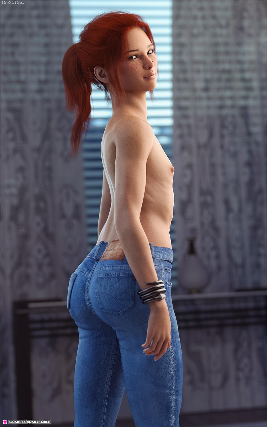 1boy 1femboy bracelet bubble_butt butts femboy freckles ginger huge_butt human human_only jeans jessie_(skykliker) looking_at_viewer male male_only shirtless shirtless_(male) skykliker snake_bracelet solo solo_femboy solo_male topless topless_male trap