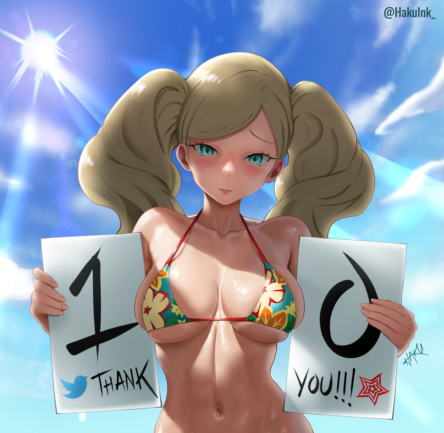 1girls, ann takamaki, bikini, bikini top, female, hakuink, looking at viewer, milestone celebration, navel, persona, persona 5, solo, twitter
