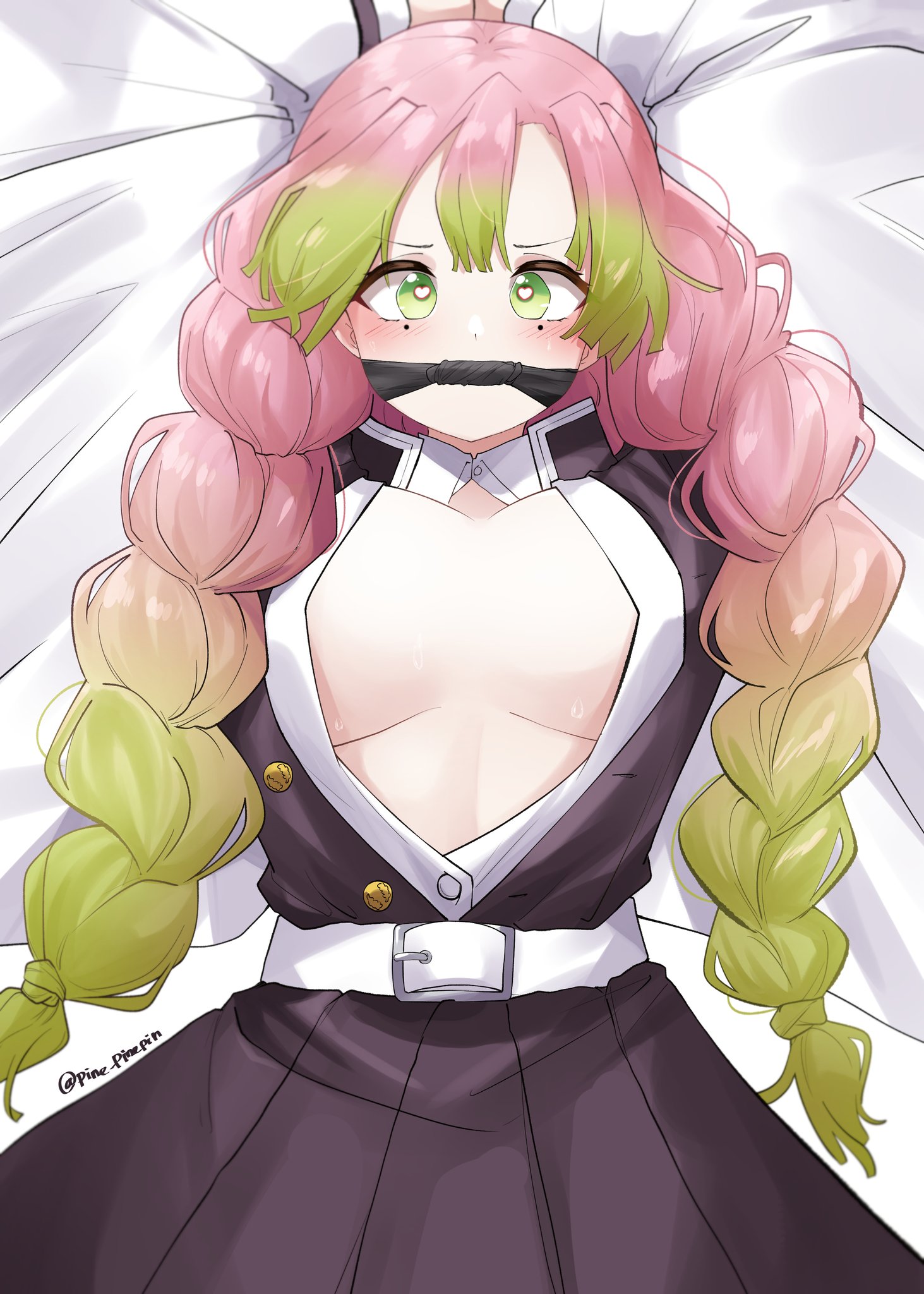 1girls, bondage, demon slayer, female, female only, forced, green eyes, green hair, heart-shaped pupils, horny, kanroji mitsuri, kimetsu no yaiba, light skin, light-skinned female, pine pinepin (pinnn), pink hair, pink-haired female, restrained, solo, symbol-shaped pupils, tied up, two-tone hair