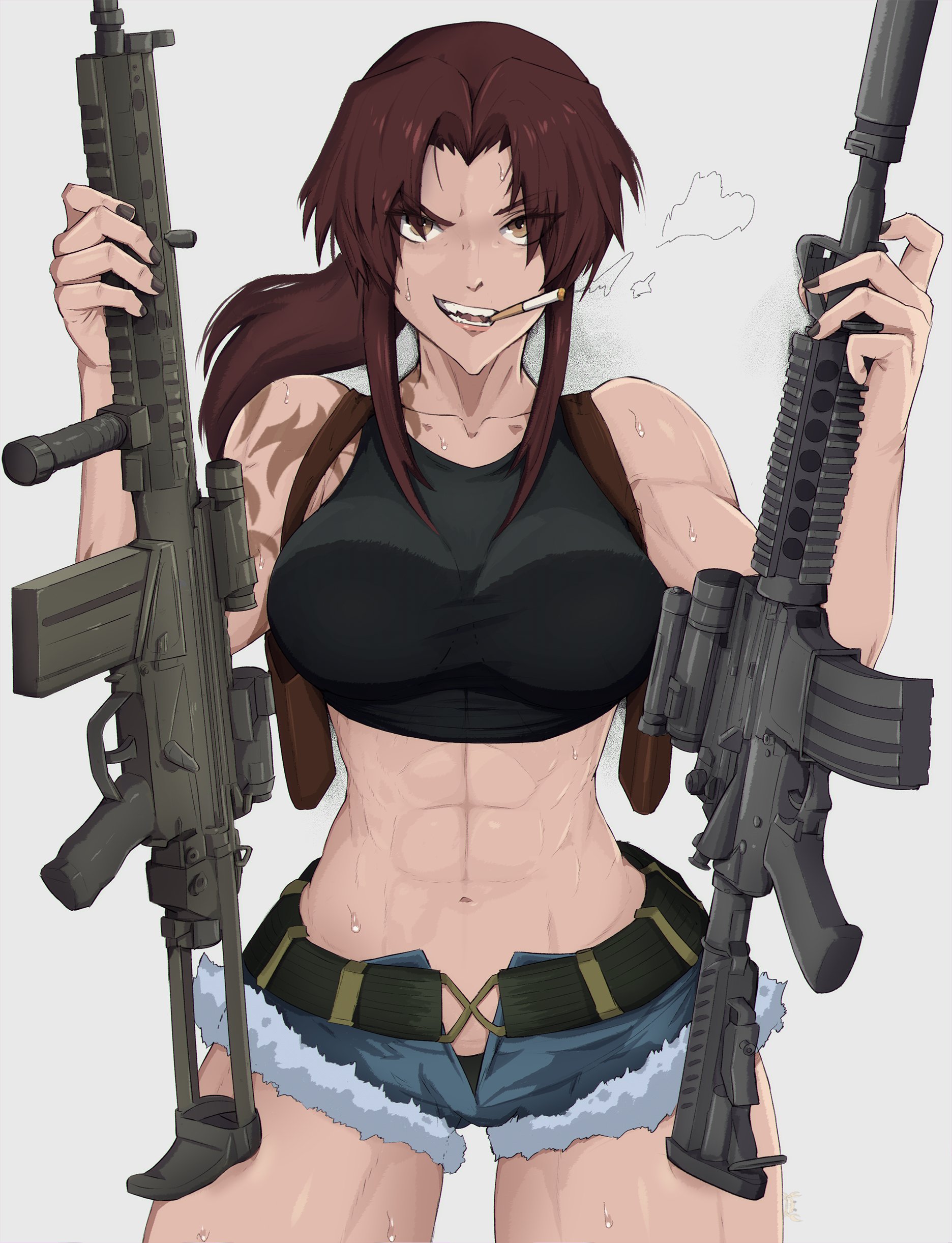 1girls, abs, big breasts, black lagoon, breasts, female, female only, fully clothed, gun, guns, looking at viewer, muscles, muscular, muscular back, muscular female, open pants, partially clothed, revy, shorts, smoking, solo, thick, thick thighs, yoracrab