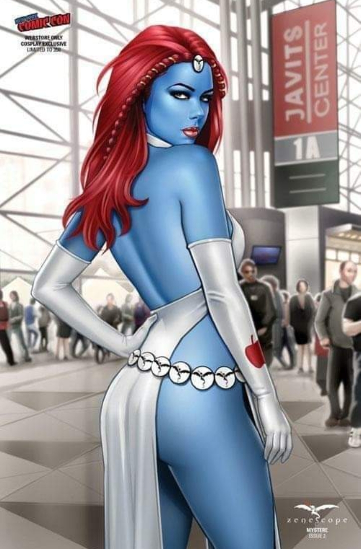 1girls ass big_ass blue_skin breasts curvy curvy_figure dress female female_only marvel marvel_comics milf mutant mystique no_panties raven_darkholme red_hair solo villainess wide_hips x-men zenescope