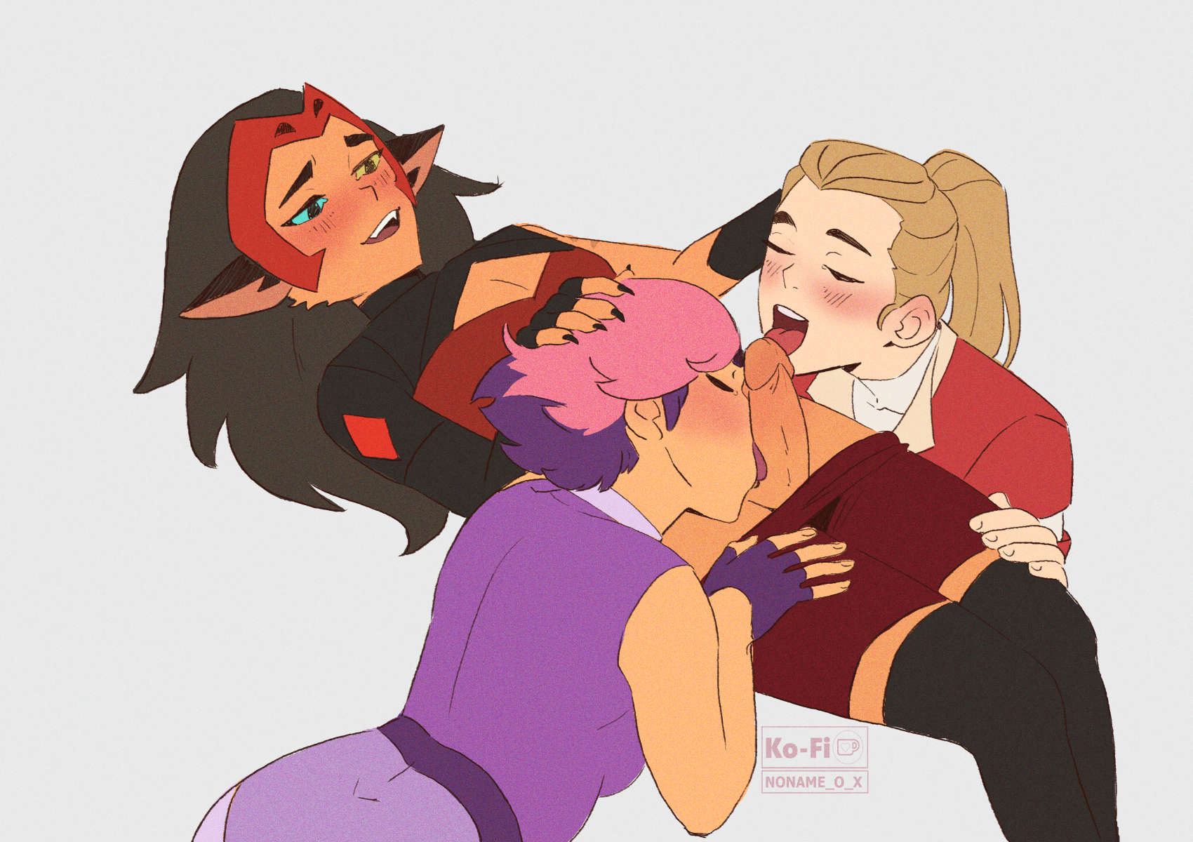 1futa, 2020s, 2023, 2girls, adora, animal ears, artist name, black gloves, black thighhighs, blonde female, blonde hair, blue eyes, blush, bodysuit, boob window, breasts, brown hair, cat ears, cat girl, catgirl, catra, claws, cleavage, closed eyes, clothed, clothed sex, clothing, collaborative fellatio, dark skin, dark-skinned futa, fangs, fellatio, female, fingerless gloves, fur, furry, futa on female, futanari, glimmer (she-ra), gloves, hand on head, heterochromia, human, humanoid, imminent oral, imminent sex, intersex, jacket, licking, licking penis, light skin, light-skinned female, long gloves, long hair, looking at partner, medium hair, medium penis, mostly clothed, noname o, open mouth, pants, pants down, penis, pink hair, purple bodysuit, purple gloves, purple hair, red bodysuit, red jacket, red pants, she-ra and the princesses of power, shirt, simple background, smile, tan skin, tan-skinned female, thighhighs, threesome, tongue, tongue out, trans woman, transfem, two-tone hair, watermark, white background, white shirt, yellow eyes