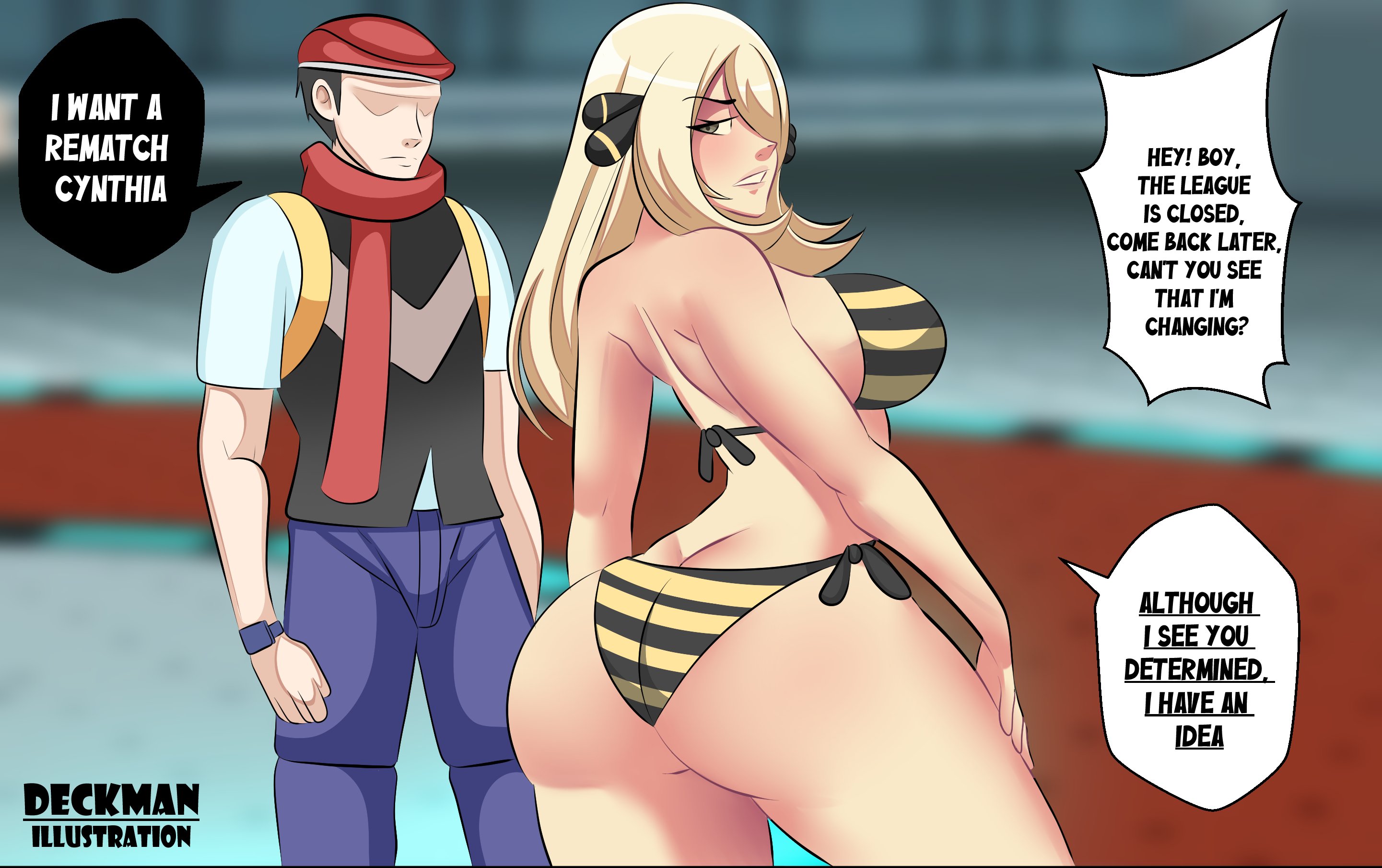 1girls, aged up, ass, ass focus, ass shot, back, back view, bikini, blonde hair, breasts, bubble ass, bubble butt, cynthia (pokemon), deckman, dialogue, english text, female, hips, huge ass, imminent sex, large breasts, long hair, lucas (pokemon), mrdeck, nintendo, pokemon, pokemon dppt, thick thighs, thighs, wide hips