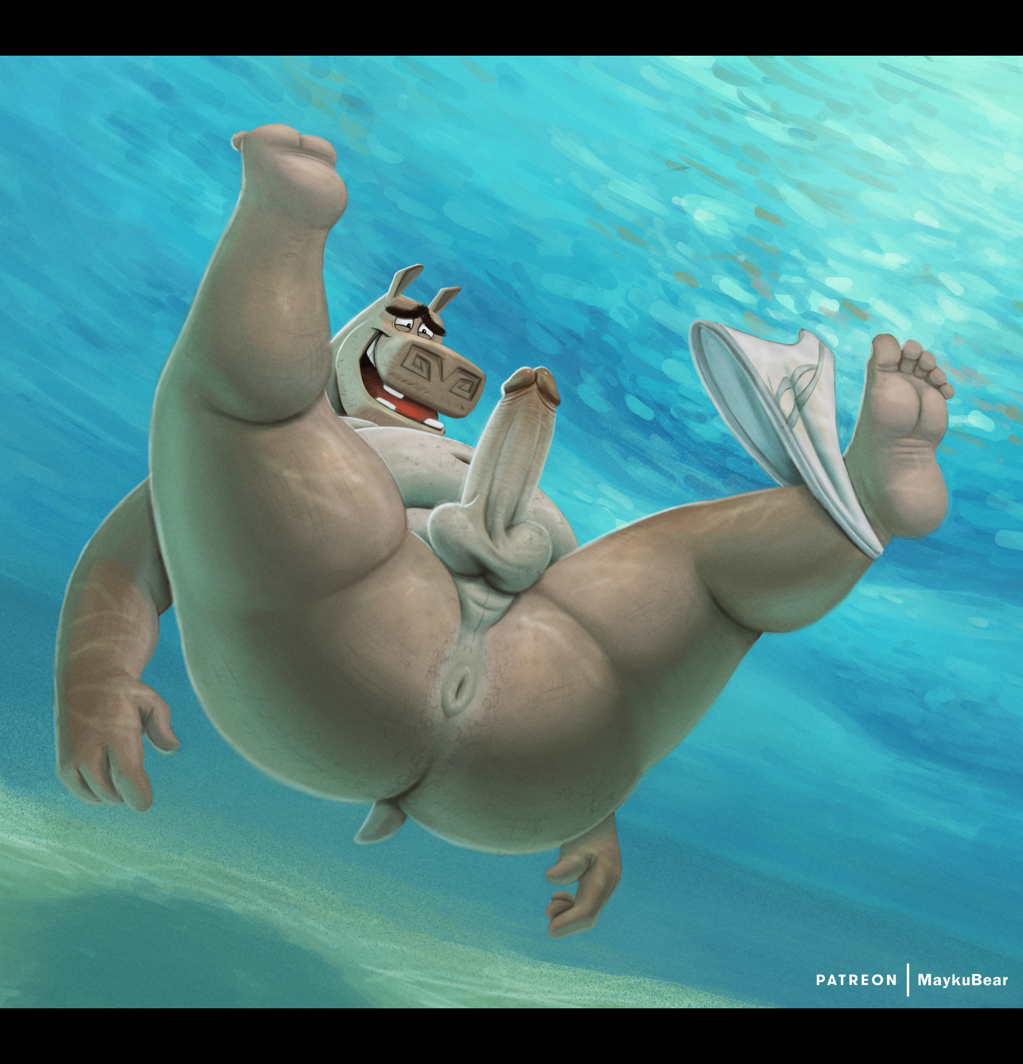 1boy, anthro, anus, ass, balls, big ass, hairy anus, hippopotamid, hippopotamus, madagascar (series), madagascar escape 2 africa, male, male only, maykubear, moto moto, navel, nude, overweight, penis, puffy anus, solo, underwater, underwear down