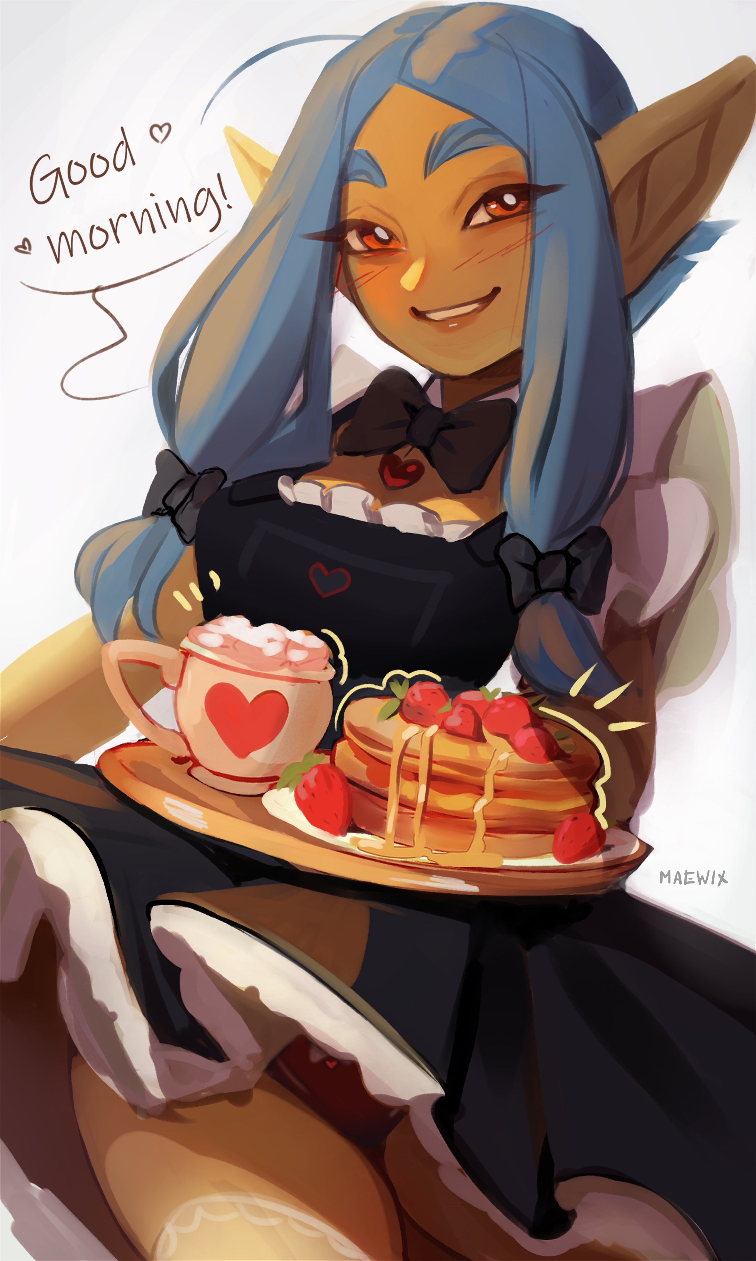 1girls, absurd res, blue hair, blush, cup, dialogue, english text, female, female only, food, goblin, goblin female, green skin, humanoid pointy ears, looking at viewer, maewix1, maid, maid uniform, narrowed eyes, neck ribbon, orange eyes, pancake, panties, pointy ears, rissma (maewix1), skirt lift, smiling, smiling at viewer, solo, strawberry, talking to viewer, teeth showing, thick eyebrows, tray, white background, wholesome