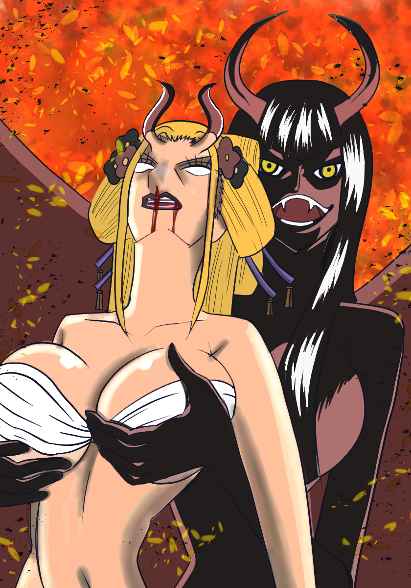 black_maria blonde_hair blood breast_grab breasts brown_hair catfight defeated demonio_fleur devil_girl devil_horns dominant_female domination faintdrawing_(artist) female female_only fire hana_hana_no_mi horns huge_breasts nico_robin one_piece pre-timeskip spider_girl