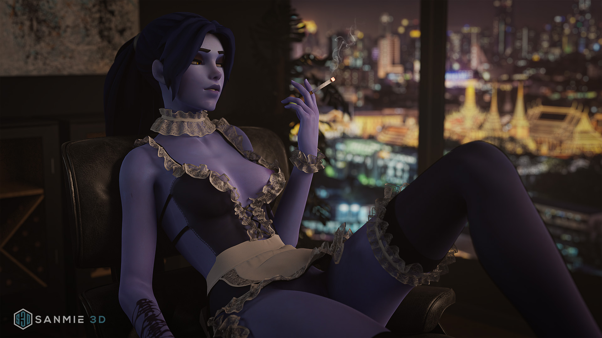 1girls, 3d, amelie lacroix, blizzard entertainment, cigarette, city, cityscape, exposed nipple, exposed nipples, female, female focus, female only, looking out window, maid, maid uniform, nipple slip, overwatch, overwatch 2, pinup, sanmie3d, skyscraper, smoking, smoking cigarette, solo, solo female, tagme, widowmaker, window