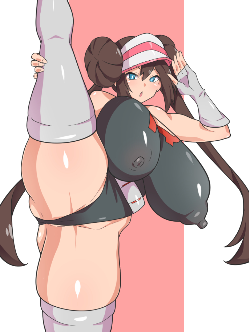 1girls, alternate breast size, areolae, breasts, corruption, dd (artist), enemy conversion, erect nipples, female, highleg leotard, huge breasts, large areolae, leotard, light skin, light-skinned female, long hair, nintendo, nipples, nipples visible through clothing, pokemon, pokemon bw2, rosa (pokemon), skindentation, standing split, team rocket, thick thighs, thighhighs, thighs, twin buns, twintails