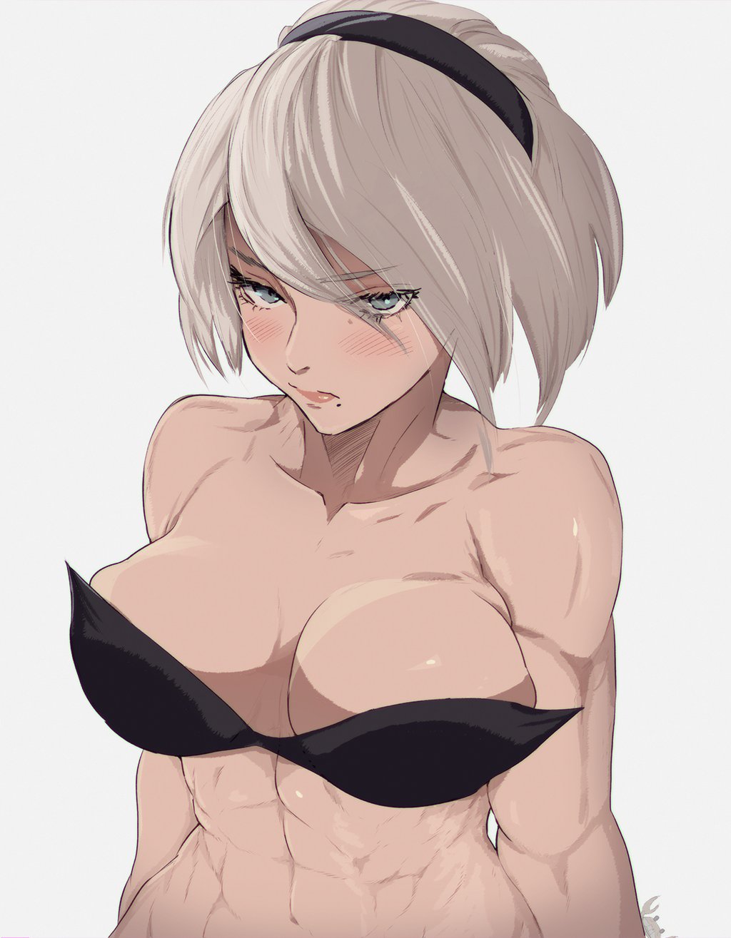 abs big_breasts blush bra looking_at_viewer muscles nier:_automata nier_(series) partially_clothed squished_breasts thick thick_thighs yoracrab yorha_2b