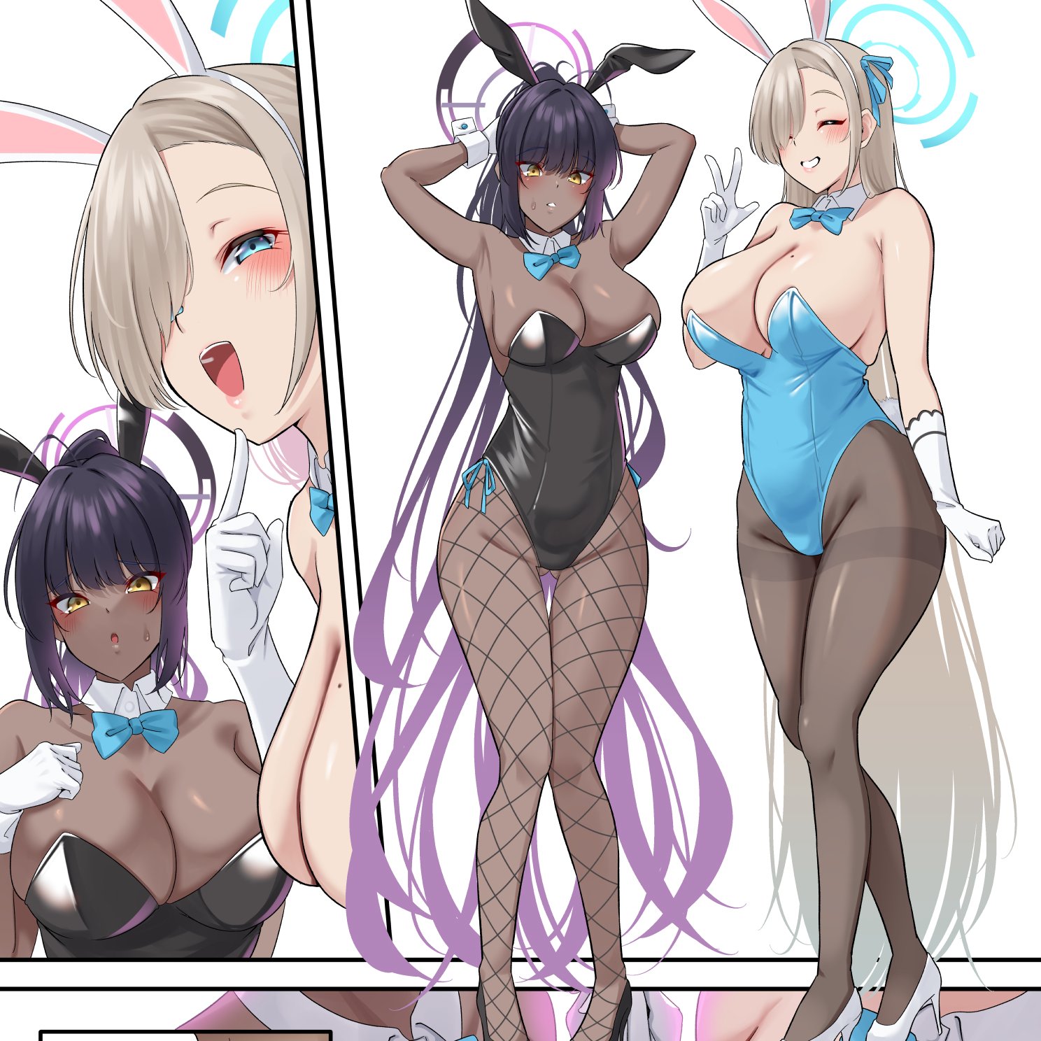 2girls, absurdres, animal ears, asuna (blue archive), asuna (bunny) (blue archive), black hair, black leotard, black pantyhose, blonde hair, blue archive, blue bow, blue bowtie, blue eyes, blue leotard, bow, bowtie, breast press, breasts, bunny ears, cowboy shot, dark skin, dark-skinned female, detached collar, fake animal ears, fake tail, female, fishnet pantyhose, fishnets, full body, gloves, halo, highres, huge breasts, karin (blue archive), karin (bunny) (blue archive), leotard, long hair, mole, mole on breast, multiple females, multiple girls, nanohana (november.), official alternate costume, pantyhose, playboy bunny, ponytail, simple background, strapless, strapless leotard, tail, traditional bowtie, white background, white gloves, wrist cuffs, yellow eyes