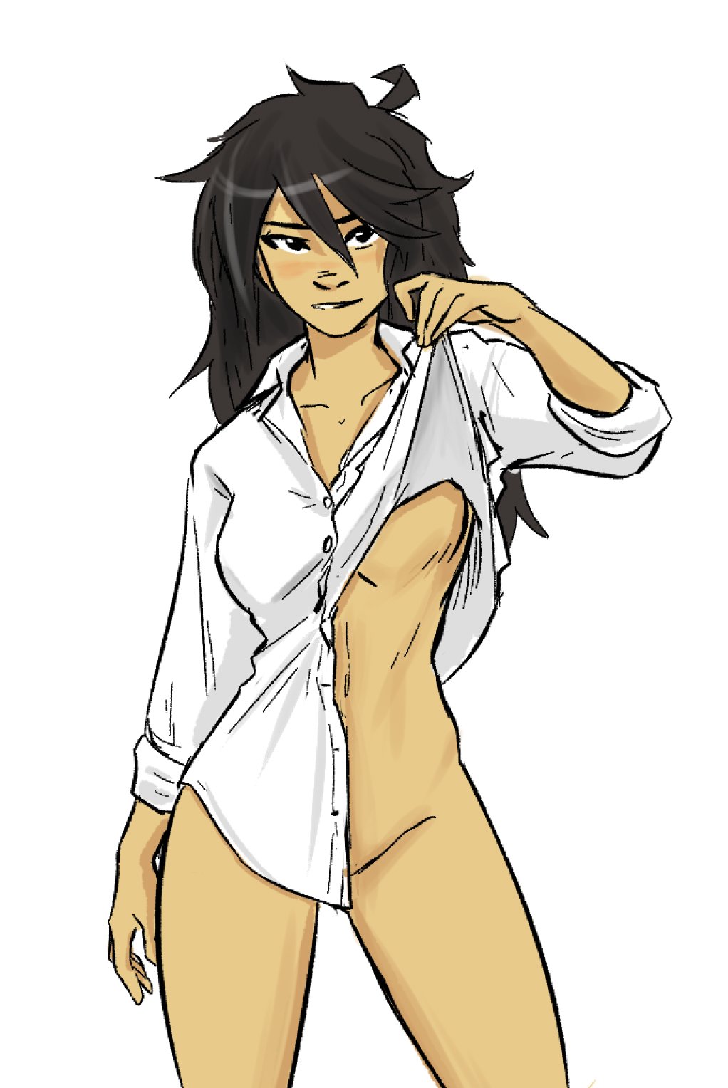 ahoge bedroom_eyes black_hair bottomless breasts cassandra_(spicymancer) casual clothing dress_shirt female human lifting_shirt long_hair lustful_gaze messy_hair naked_shirt naked_under_clothes pale_skin spicymancer sultry_eyes tan_body tan_skin underboob