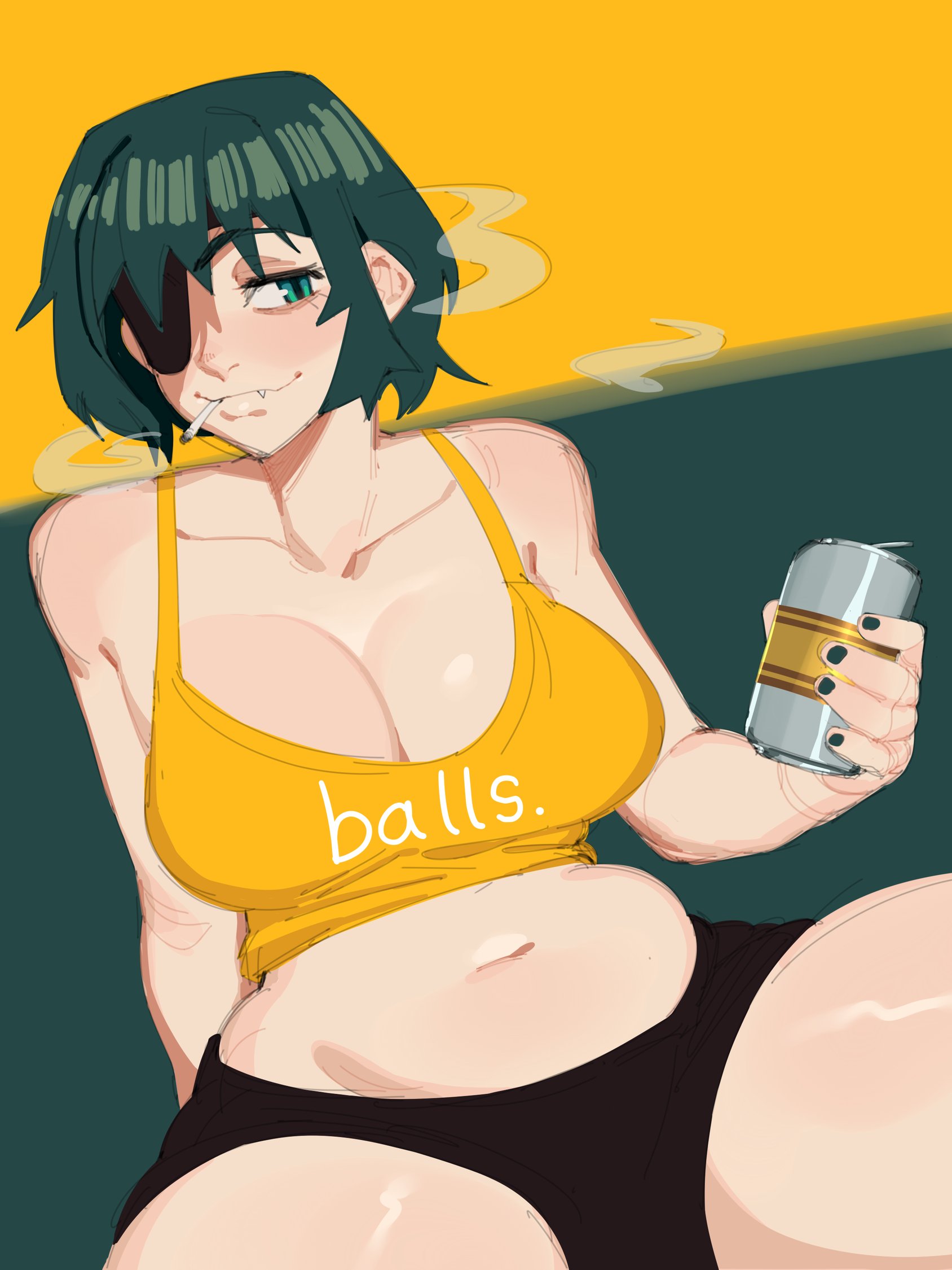 1girls, balls, beer, big breasts, breasts, chainsaw man, cigarette, cleavage, cute fang, female, female only, himeno (chainsaw man), light skin, light-skinned female, male, mappa, nezulet, smoking, spread legs, thick thighs, voluptuous, voluptuous female