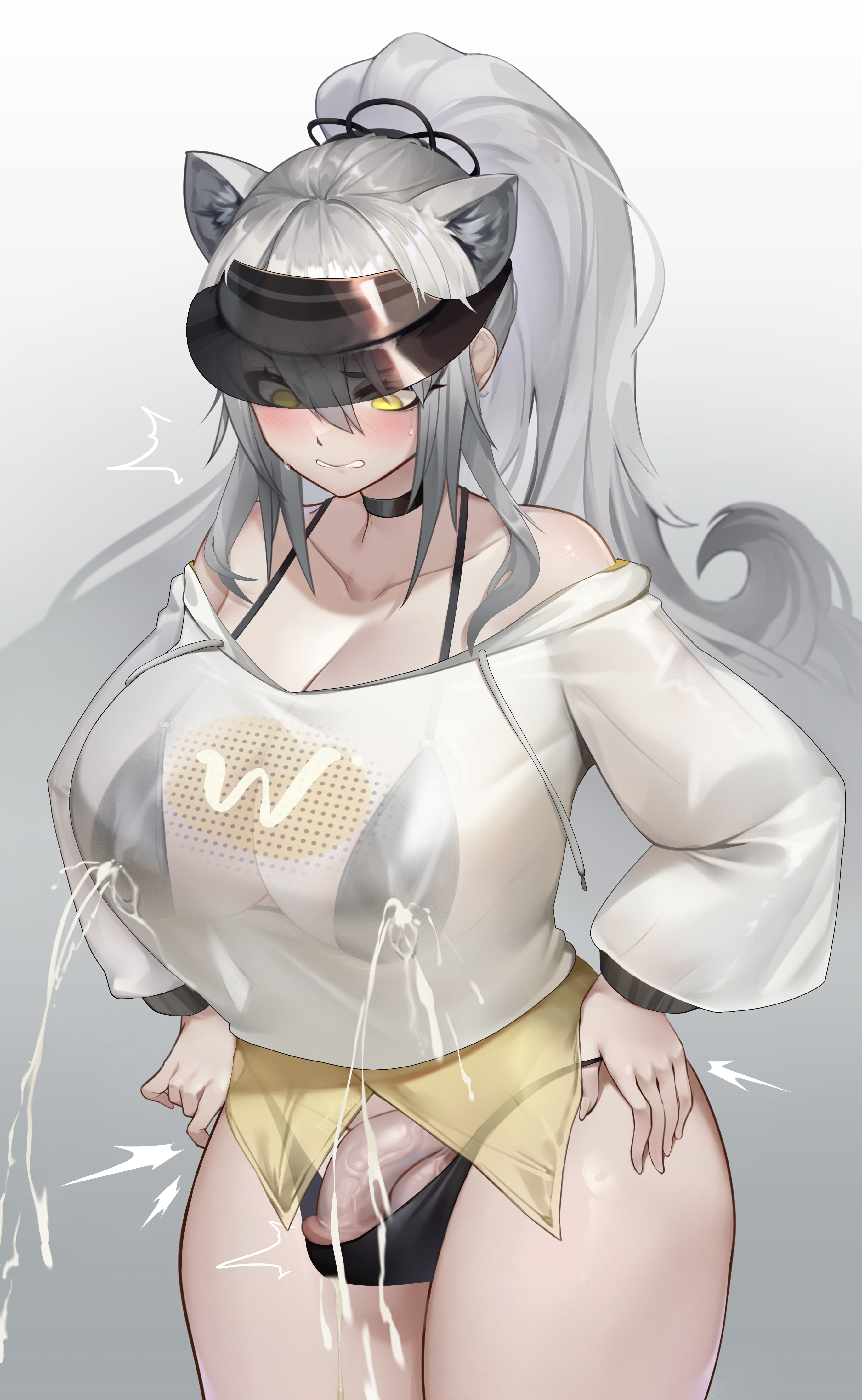 1futa, absurdres, animal ears, arknights, balls, bare shoulders, bikini, black hair, blush, breasts, bulge, cat ears, choker, cleavage, clothed, clothing, cum, cum through clothes, ejaculation, female, futa only, futanari, gins, grey hair, hands on hips, hands-free, handsfree ejaculation, highres, hoodie, huge breasts, humanoid, intersex, kemonomimi, lactating through clothing, lactation, lactation through clothes, lactation without expressing, large breasts, light skin, light-skinned futa, long hair, long sleeves, orgasm, parted lips, partially clothed, penis, ponytail, schwarz (arknights), see-through, skimpy, small penis, solo, solo futa, standing, sweat, thick thighs, uncensored, variant set, visor cap, wide hips, yellow eyes