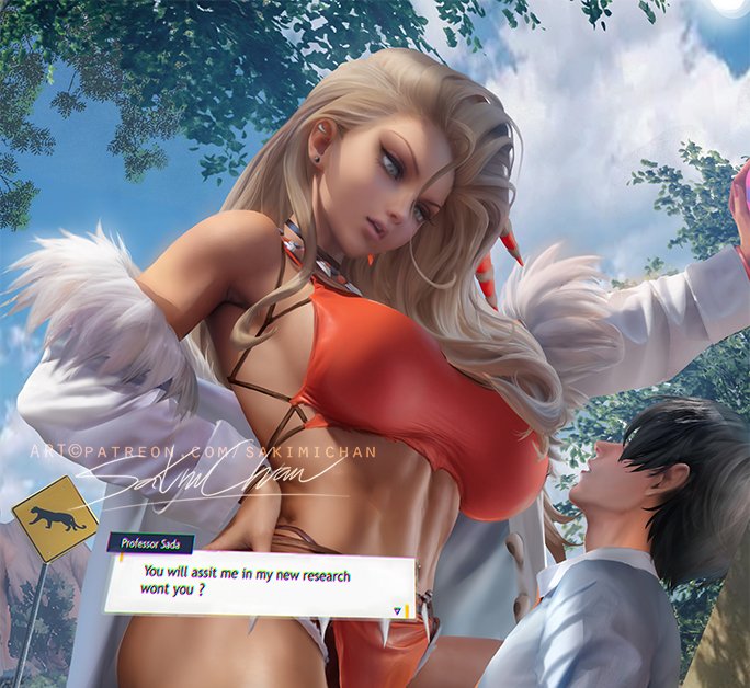 1boy, 1girls, age difference, blonde hair, breasts, brown hair, brown skin, dominant female, female, femdom, fit, fit female, florian (pokemon), green eyes, height difference, huge breasts, male, male/female, malesub, nintendo, pokemon, pokemon sv, preview, professor sada (pokemon), sakimichan, size difference, submissive male, tagme, toned