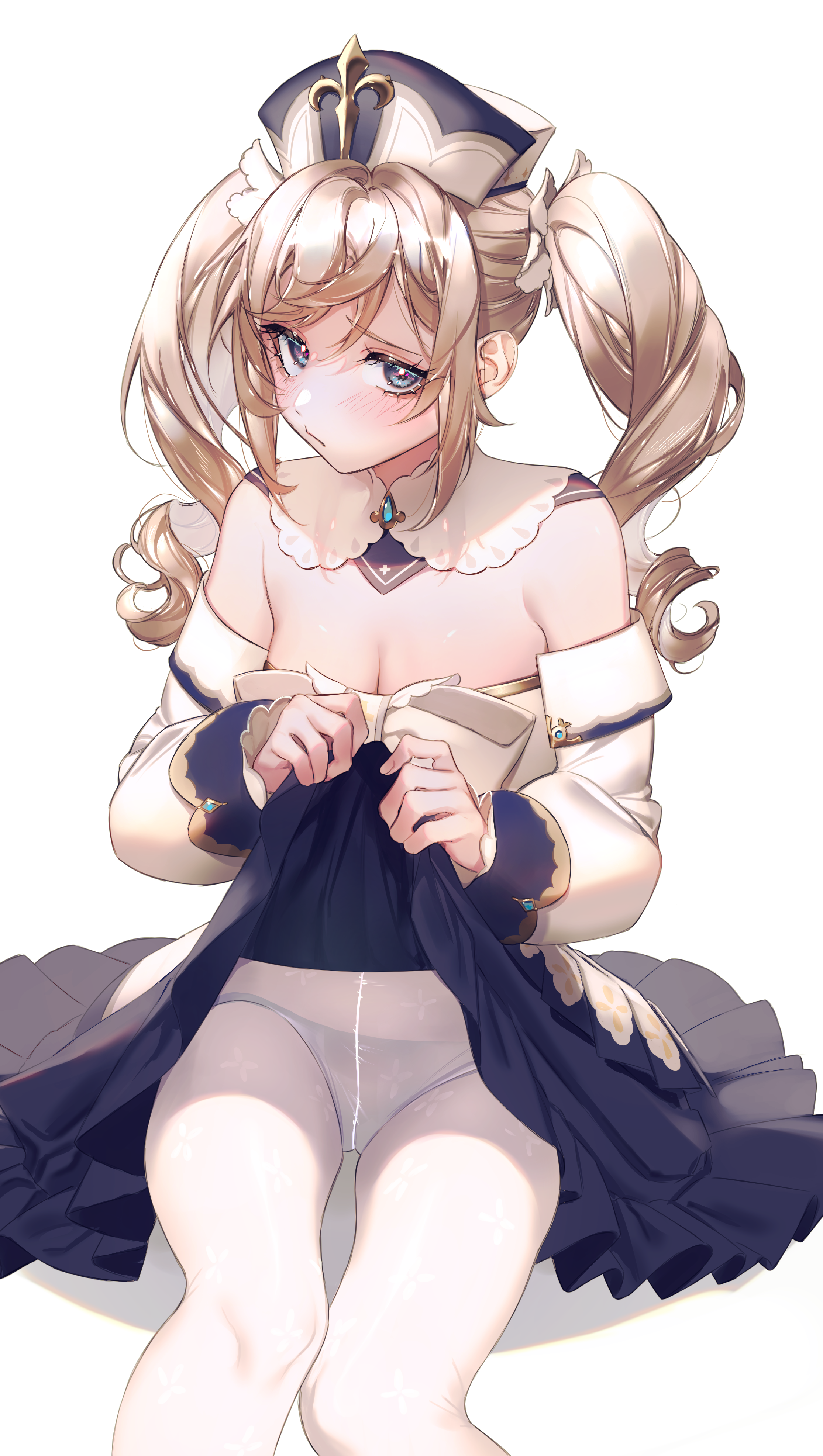 1girls, barbara (genshin impact), bare shoulders, blonde hair, blue eyes, blush, breasts, cleavage, clothes lift, detached sleeves, dress, dress lift, drill hair, female, genshin impact, ichibi, lifted by self, light skin, light-skinned female, medium breasts, nun, panties, pantyhose, see-through, sitting, skirt, skirt lift, solo, thighband pantyhose, thighs, twin drills, twintails, underwear, white dress, white pantyhose