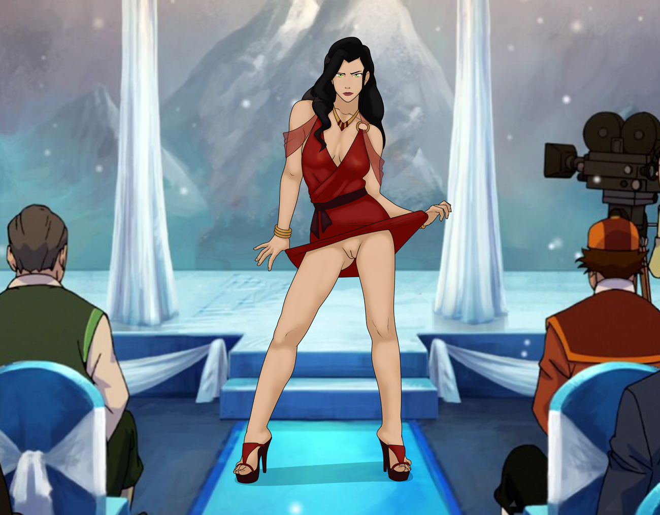 1girls, anaxus, asami sato, avatar legends, being recorded, being watched, bottomless, breasts, clothing, dress, dress lift, female, hairless pussy, heels, high heels, innie pussy, lifting dress, lipstick, no panties, posing, pussy, red dress, shaved crotch, shaved pussy, small breasts, standing, the legend of korra