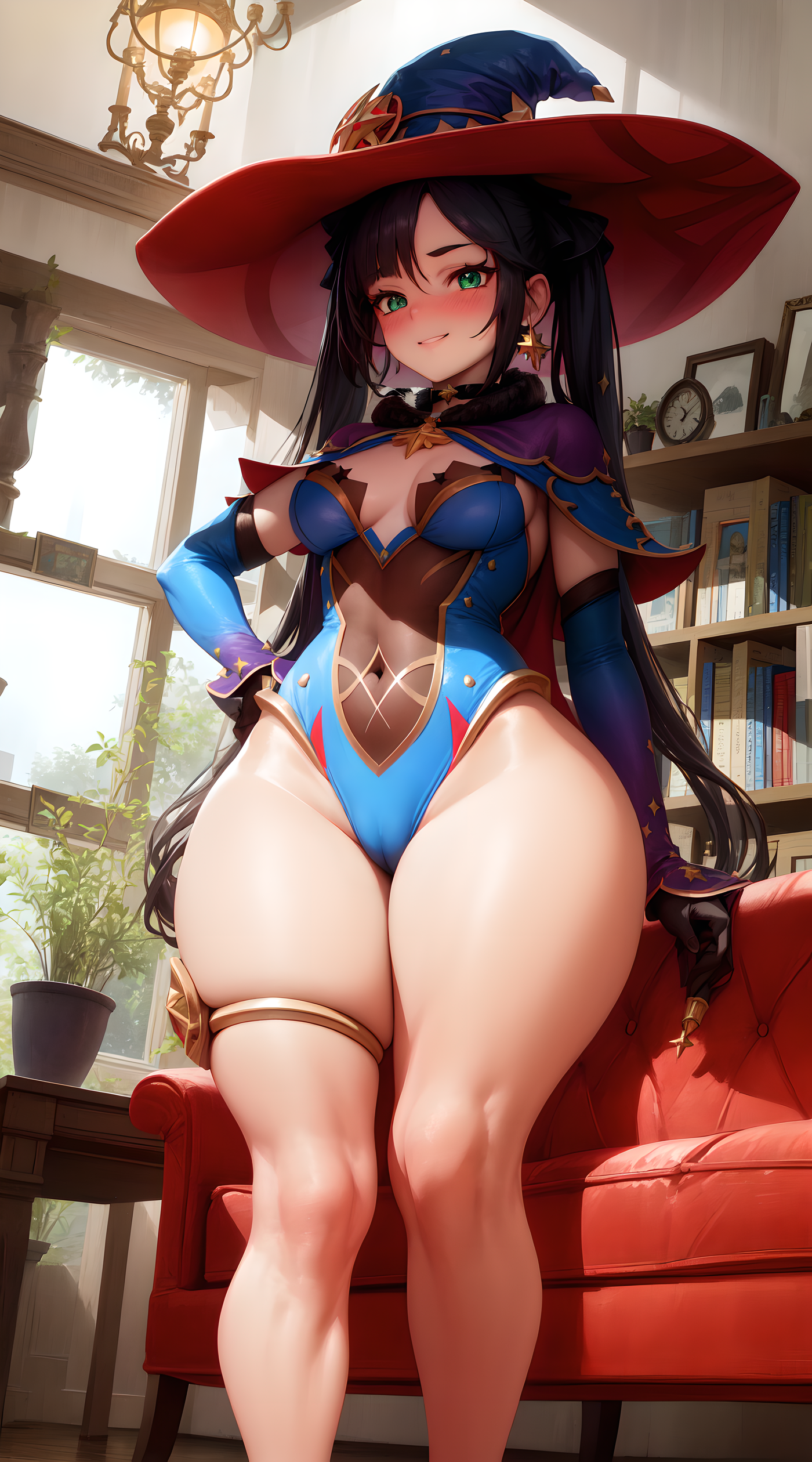 1girls, ai generated, black hair, blush, breasts, female, genshin impact, green eyes, hat, high resolution, highleg leotard, indoors, large hat, leotard, light skin, light-skinned female, long hair, looking at viewer, medium breasts, mona (genshin impact), stable diffusion, thick thighs, thighs, thunder thighs, twintails, wide hips, witch hat