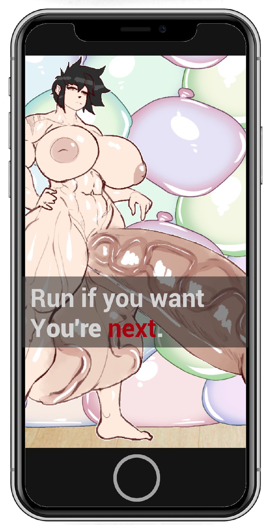 abs, artist request, balls, breasts, condom, condom balloon, excessive cum, futanari, gigantic balls, gigantic penis, gigantic testicles, hyper breasts, intersex, inverted nipples, muscular, muscular futa, penis, phone, power (powerslamming), powerslamming, testicles