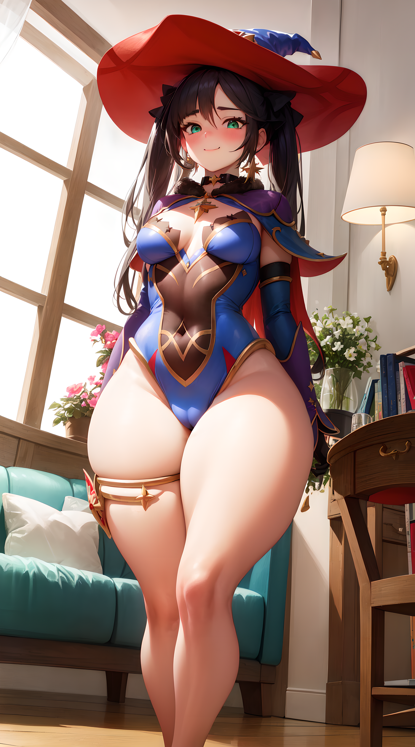 1girls, ai generated, black hair, blush, breasts, female, genshin impact, green eyes, hat, high resolution, highleg leotard, indoors, large hat, leotard, light skin, light-skinned female, long hair, looking at viewer, medium breasts, mona (genshin impact), stable diffusion, thick thighs, thighs, thunder thighs, twintails, wide hips, witch hat