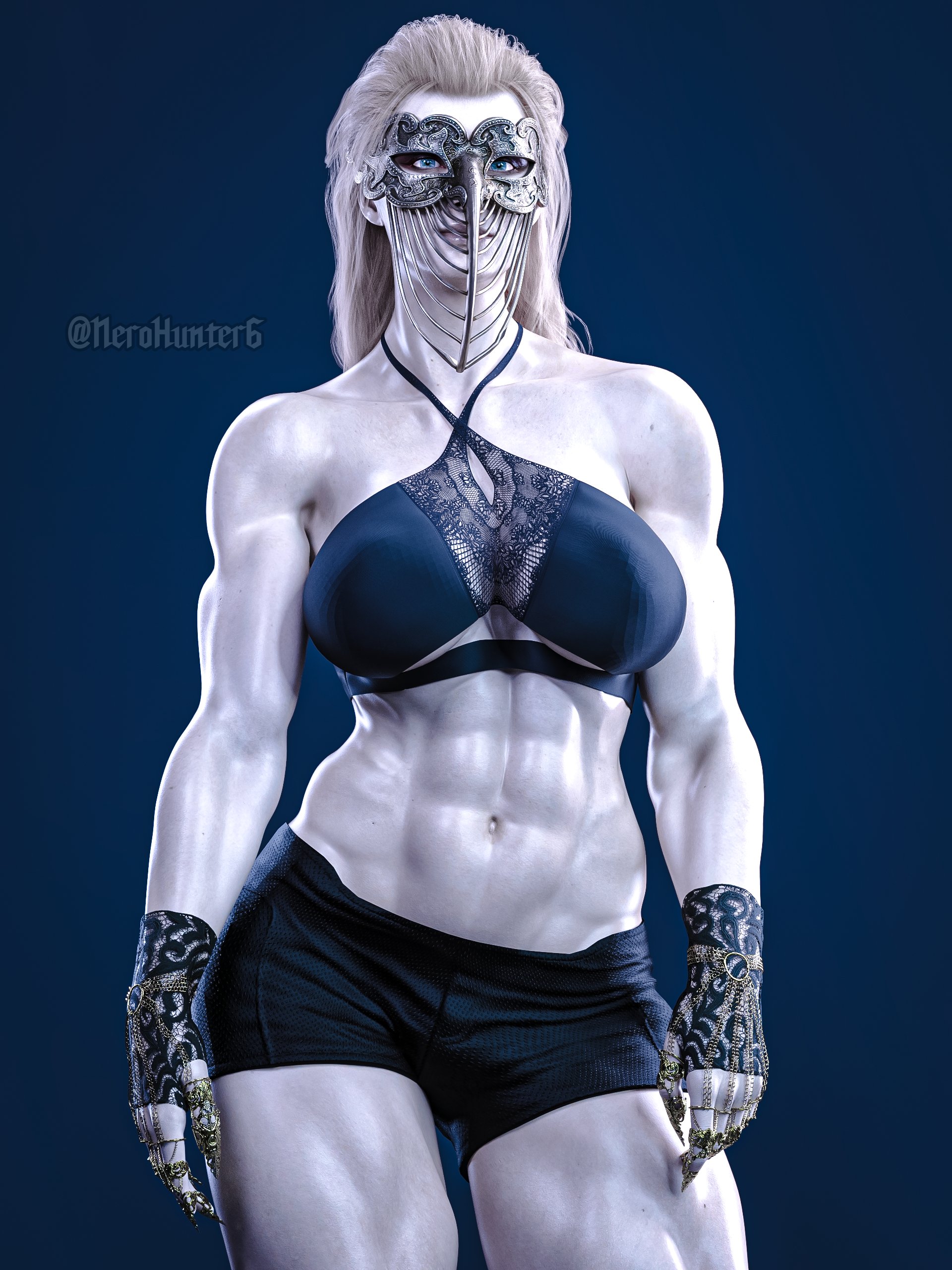 1girls, 3d, abs, absurdres, ass, blonde hair, blue eyes, breasts, capcom, female, female only, fingerless gloves, fit, fit female, gloves, highres, long hair, mask, mature female, medium breasts, milf, mother miranda (resident evil), muscular, muscular female, muscular thighs, nerohunter6, realistic, resident evil, resident evil 8: village, short shorts, shorts, solo, thick thighs