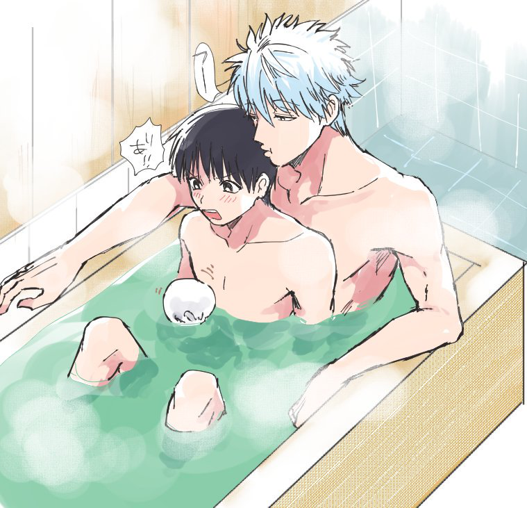 2boys age_difference bath bathing bathroom bathtub black_hair blush chima_mog completely_nude femboy gay gintama gintoki_sakata girly male male_only nude older_man_and_younger_boy partially_submerged shimura_shinpachi sitting_on_lap steam teen_boy teenager water white_hair yaoi