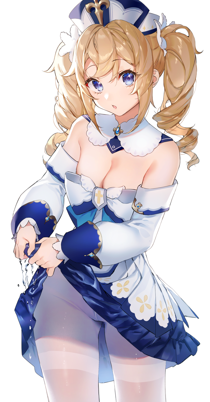 1girls, barbara (genshin impact), bare shoulders, blonde hair, blue eyes, blush, breasts, cleavage, clothes lift, detached sleeves, dress, dress lift, drill hair, female, genshin impact, ichibi, lifted by self, light skin, light-skinned female, medium breasts, nun, pantyhose, skirt, skirt lift, solo, thighband pantyhose, thighs, twin drills, twintails, wet, wet clothes, white dress, white pantyhose