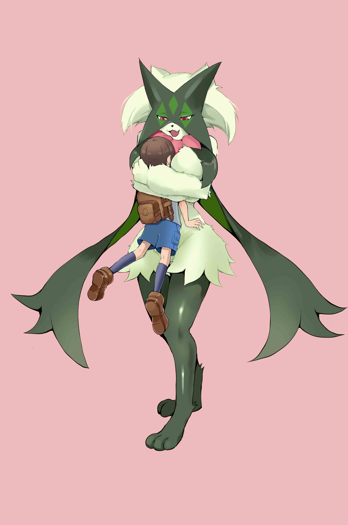2d, anthro, breast press, breasts, cat ears, cat girl, cat humanoid, catjeady, cute, cute fang, duo, face in breasts, feline, female, female anthro, female domination, female focus, female pokemon, grass type, green fur, hugging, human on pokemon, large breasts, male, male/female, meowscarada, nintendo, open mouth, pink background, pink eyes, pokémon (species), pokemon, pokemon (species), pokemon sv, smaller male, tall, taller female, thick thighs