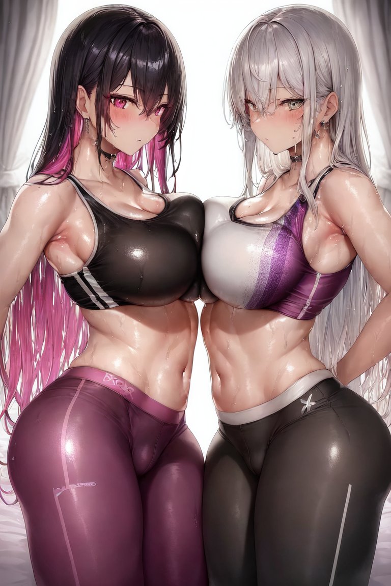 2girls, ai generated, black hair, breasts, female, gym uniform, hazel eyes, hips, holaraai, huge breasts, light skin, light-skinned female, long hair, midriff, original, original character, pink eyes, pink hair, slim waist, sports bra, sportswear, sweat, sweaty body, thick thighs, two-tone hair, white hair, yoga pants