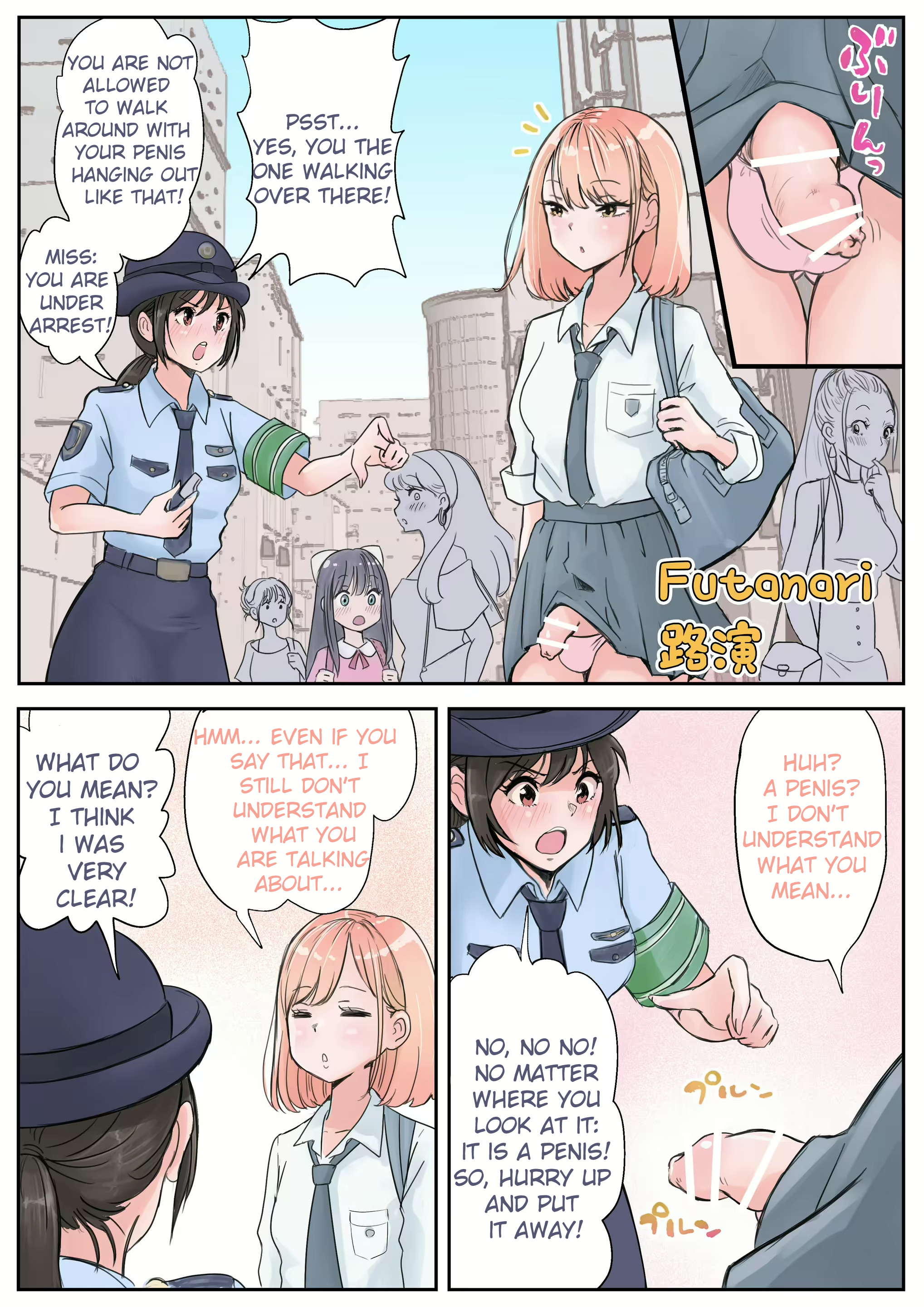 1futa, 2023, 5girls, age difference, ass, bag, balls, bar censor, big ass, blush, bottomless, brown eyes, brown hair, casual, casual exposure, casual nudity, censor bar, censored, closed eyes, clothed, clothing, comic, comic page, dialogue, duo focus, edit, english text, erection, exposed penis, eyes closed, female, femsub, flaccid, flaccid penis, fully clothed, futa with female, futadom, futanari, group, heart, hi res, high resolution, highres, holding bag, holding object, human, ineffective clothing, ineffective skirt, intersex, light skin, light-skinned female, light-skinned futa, long hair, looking at partner, looking at penis, medium hair, mostly clothed, open mouth, orange eyes, orange hair, original, original character, panties, penis, penis under clothes, penis under skirt, police, police hat, police officer, police uniform, policewoman, ponytail, public, public nudity, public sex, school uniform, schoolgirl, skirt, skirt lift, speech bubble, standing, sweat, text, text bubble, thick thighs, third-party edit, tie, tied hair, translated, tsubame (arur87839), voyeur, voyeurism, whistle, wide hips