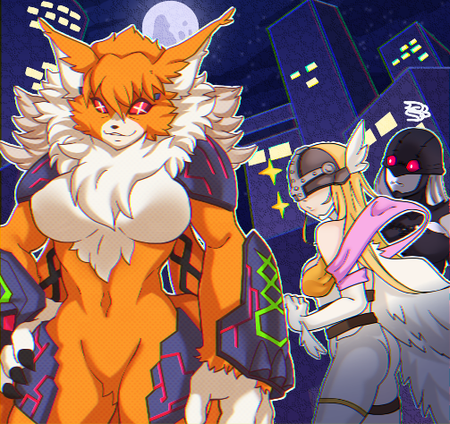 3girls angel_wings angewomon ass belt black_wings blonde_hair breasts dclaret demon_girl digimon distracted_boyfriend fur_collar furry grey_skin ladydevimon mask medium_breasts meicrackmon meicrackmon_vicious_mode meme multiple_girls orange_fur red_eyes unusual_pupils white_fur white_hair