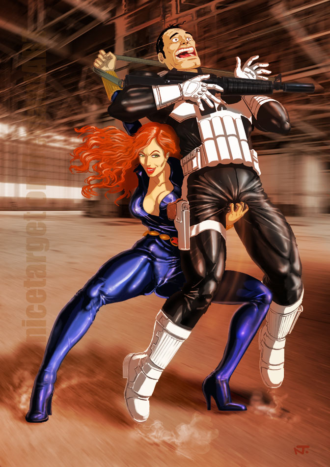 1boy 1girls ball_grab ball_squeeze ballbusting black_widow_(marvel) bodysuit cameltoe cbt cleavage cock_and_ball_torture defeated female femdom frank_castle human human_only light-skinned_female light-skinned_male light_skin male marvel natasha_romanoff nicetarget punisher red_hair redhead screaming