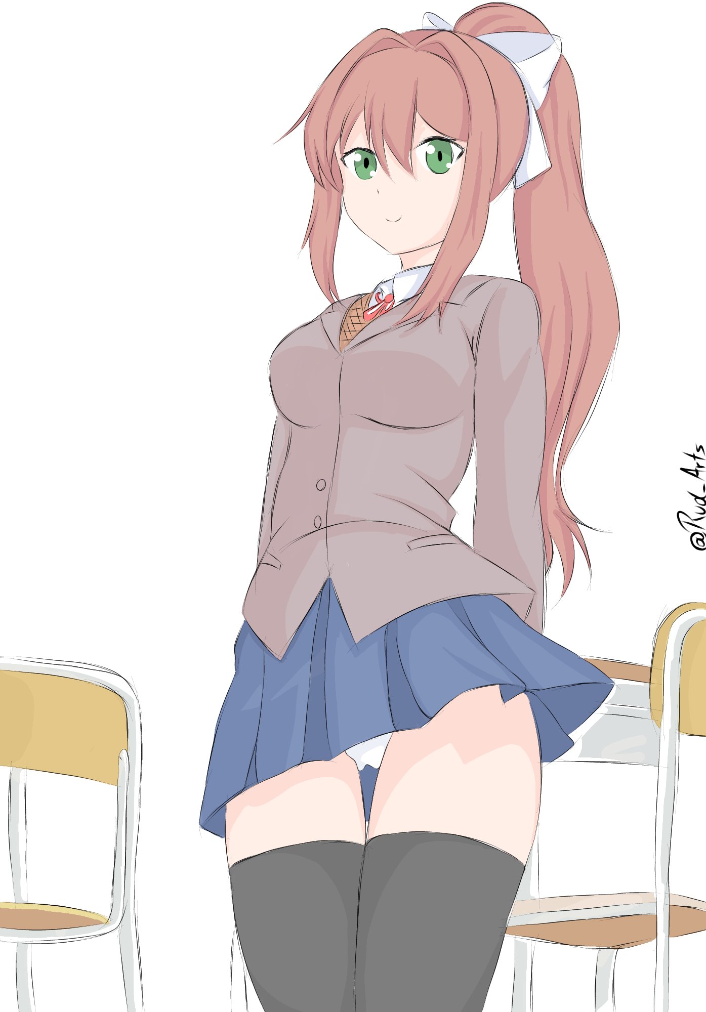 blue skirt, breasts, doki doki literature club, female, green eyes, long hair, monika (doki doki literature club), panties, rud arts, school uniform, simple background, skirt, thick thighs, thighhighs, upskirt, white background, white panties