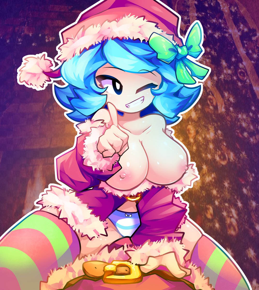 blue_hair breasts breasts_out christmas christmas_outfit female female_focus koishiko_(artist) nipples panties tagme