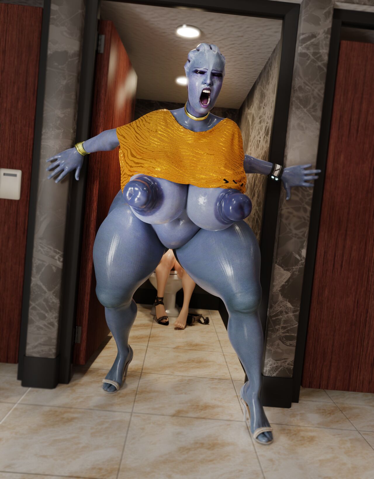 3d, 3d (artwork), asari, ass, blue skin, bottomless, breasts, female, huge ass, huge breasts, imminent scat, liara t'soni, mass effect, massive ass, renö, shit, toilet